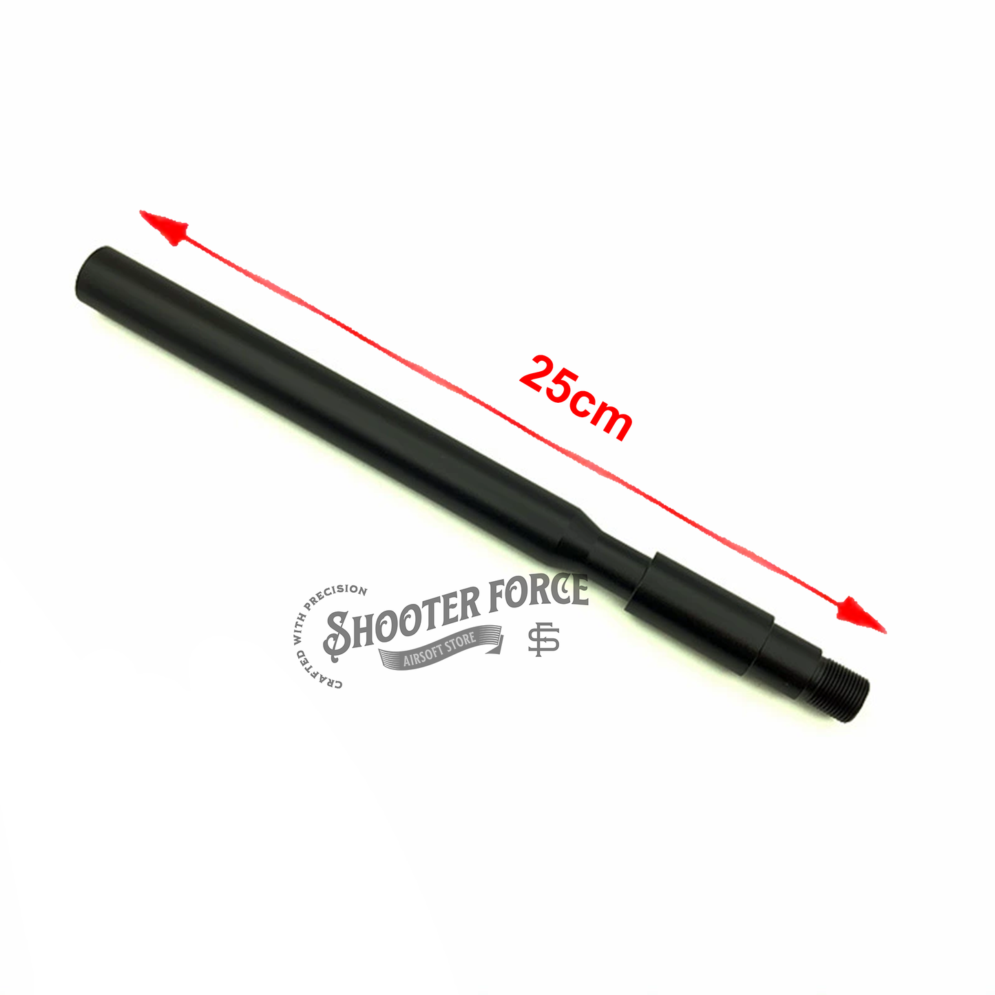 25cm concavo-convex outer barrel with 14mm CCW to 14mm CW thread adapter, designed to enhance airsoft rifle compatibility and performance with various muzzle attachments.