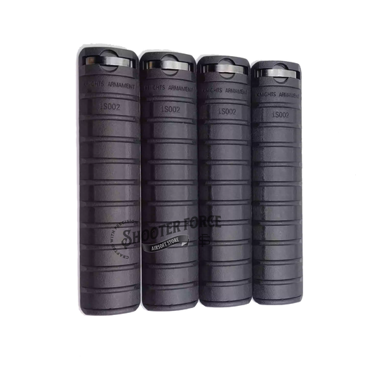 4pcs KAC Style Rail Cover Panel Set in black with markings, compatible with RAS/RIS systems, providing improved grip, protection, and realistic styling for airsoft setups.