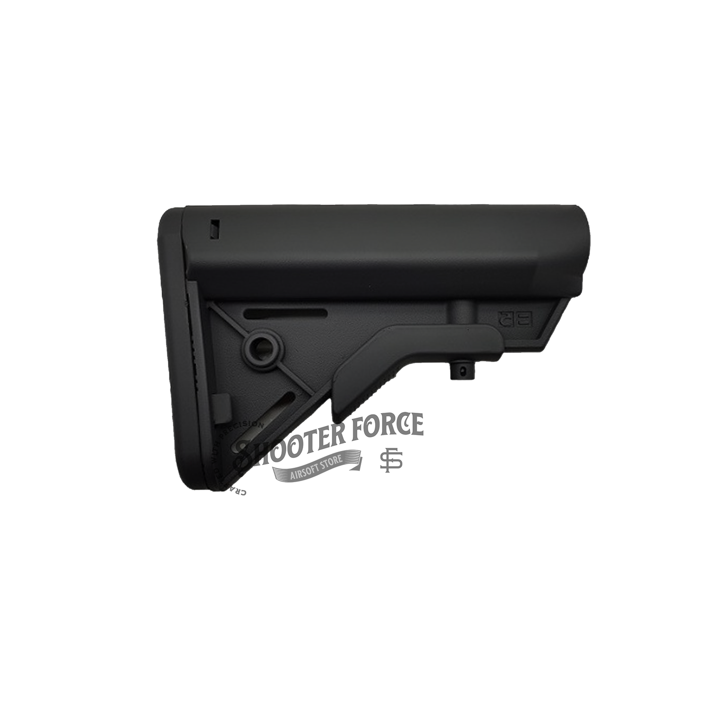B5 Style Stock Kit in Black for airsoft rifles, offering enhanced comfort and a secure fit for better shooting control and stability