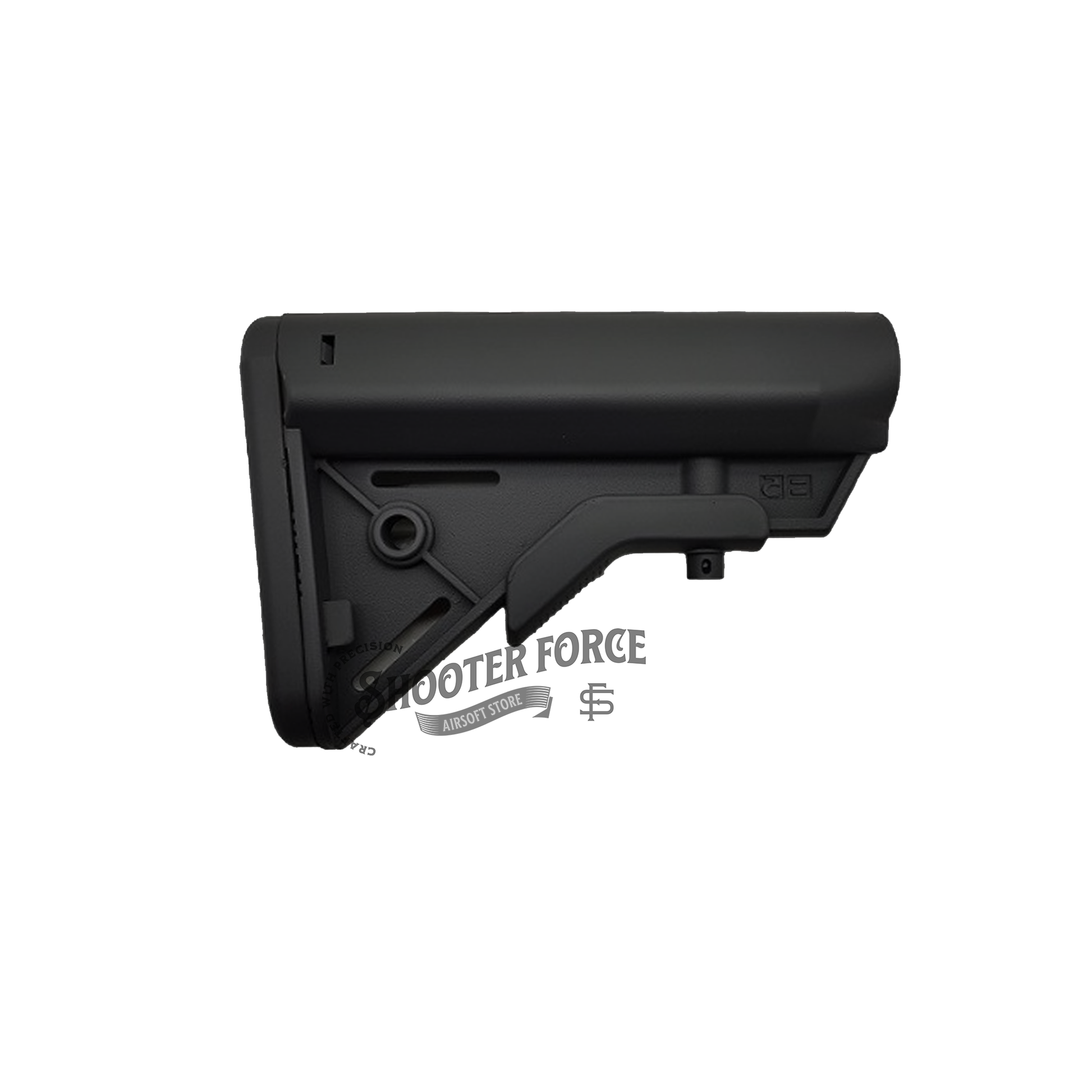 B5 Style Stock Kit in Black for airsoft rifles, offering enhanced comfort and a secure fit for better shooting control and stability