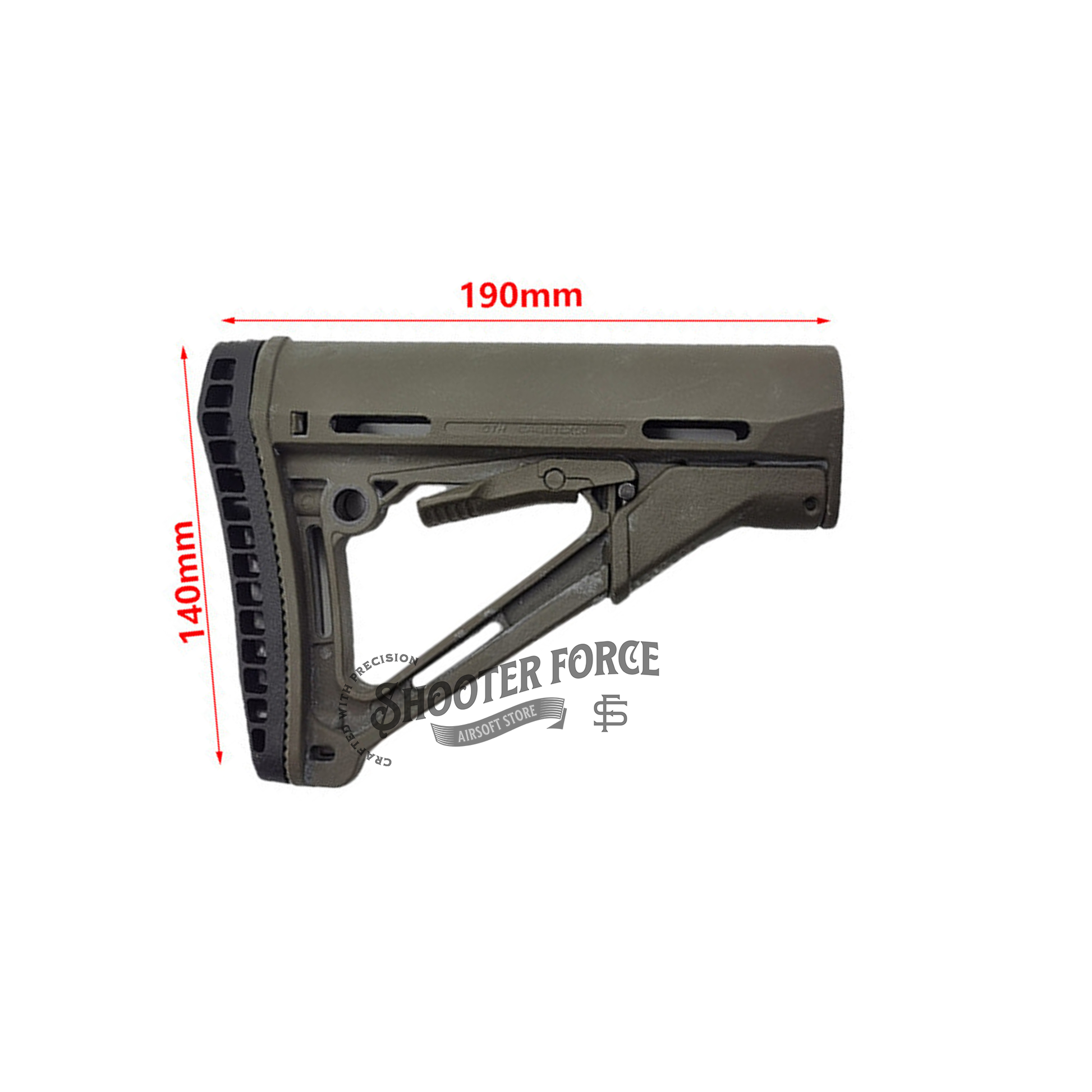 CTR Style Carbine Extended Stock in green, featuring an adjustable, lightweight, and durable design, providing enhanced stability and control for airsoft rifles.