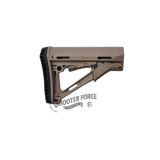 CTR Style Carbine Extended Stock in tan, designed for airsoft rifles with an adjustable, lightweight, and durable construction to improve stability and control.