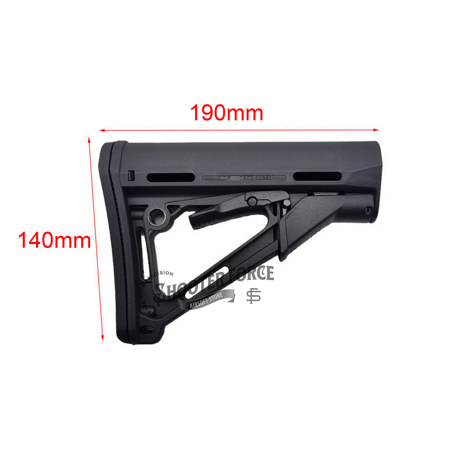 CTR Style Carbine Stock in black, featuring a lightweight and adjustable design, providing stability and control for airsoft rifles.
