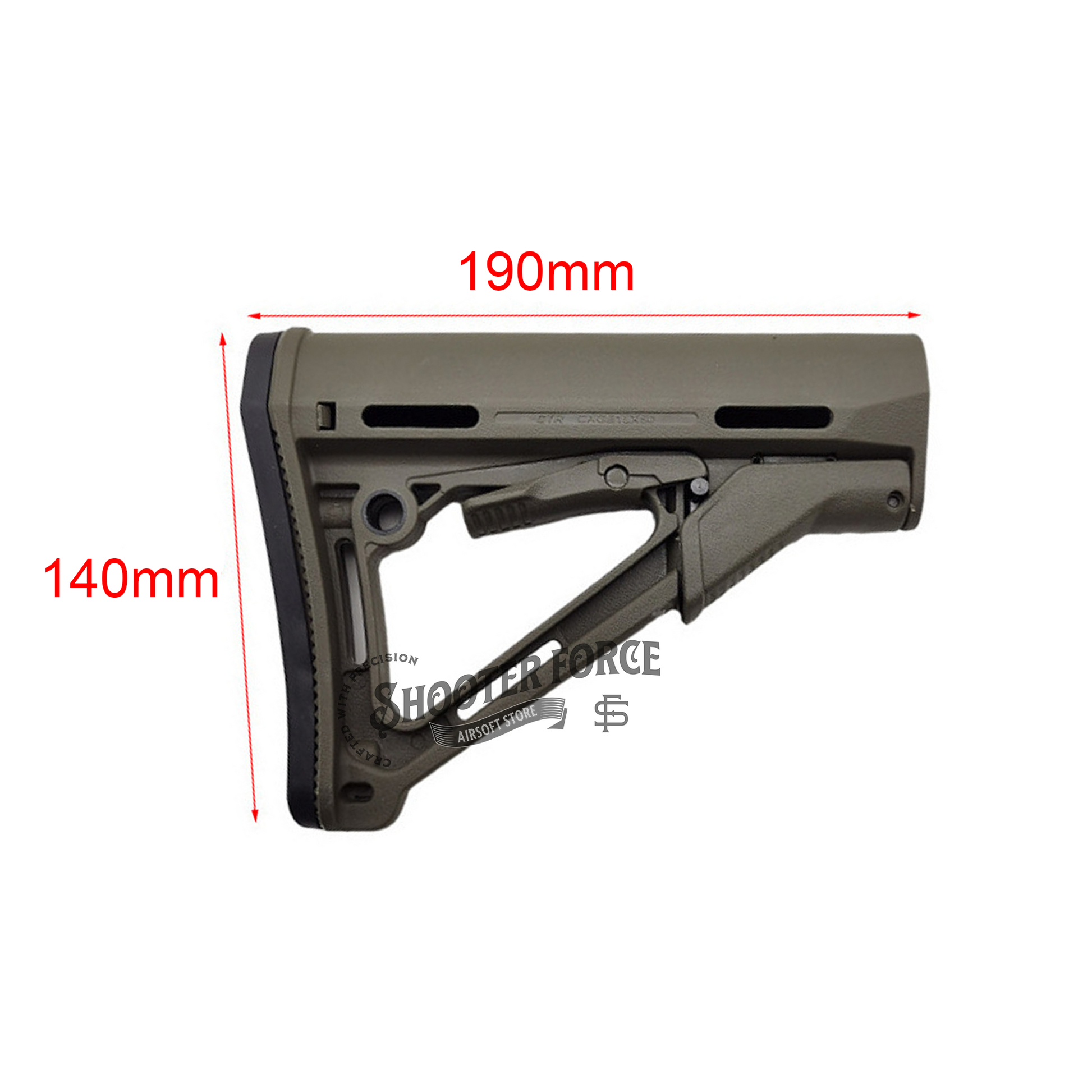 CTR Style Carbine Stock in green, featuring a lightweight and adjustable design, providing improved stability and control for airsoft rifles.