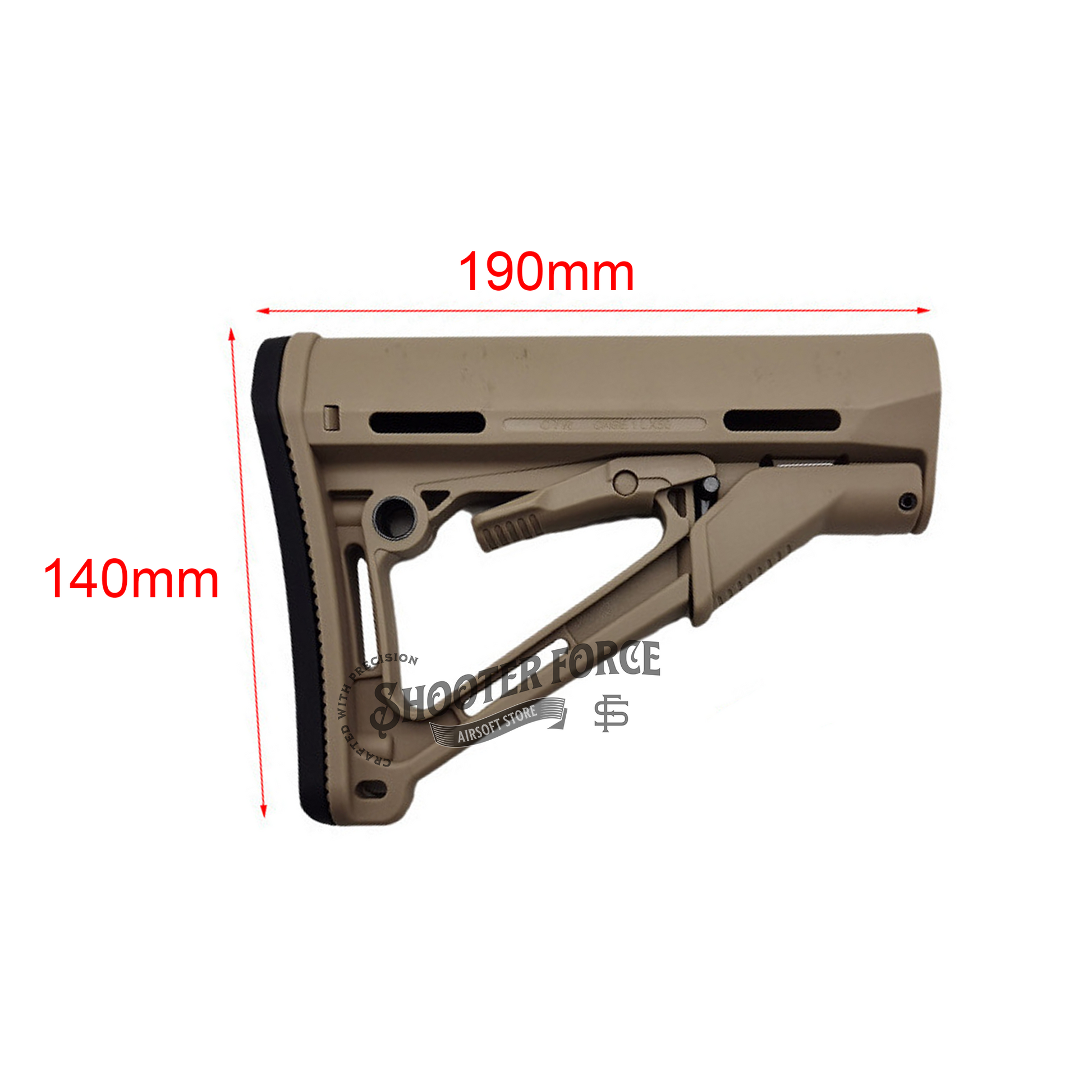 CTR Style Carbine Stock in tan, featuring a lightweight and adjustable design, offering enhanced stability and control for airsoft rifles.
