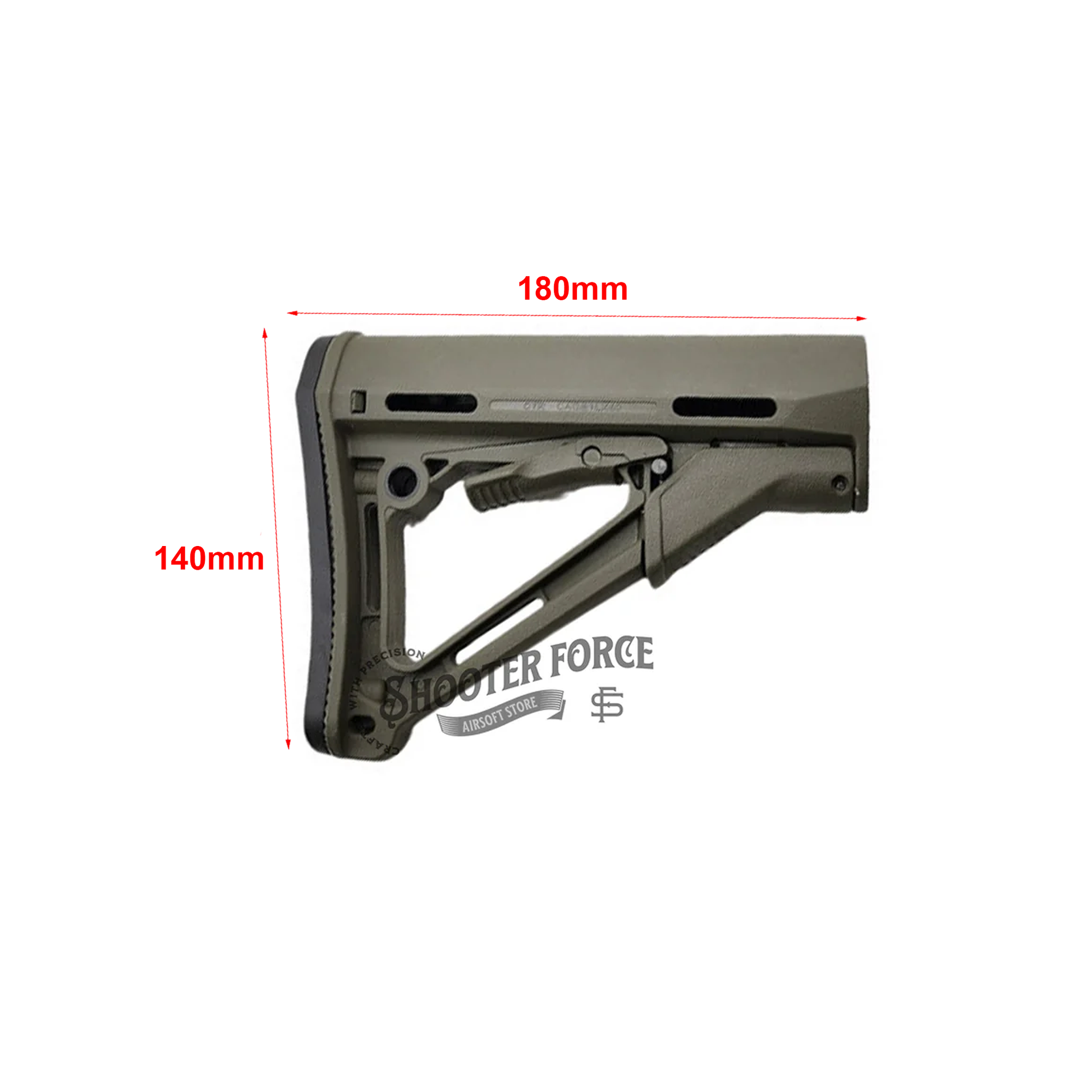 CTR Style Thickened Stock in green, featuring an adjustable design for increased durability and stability, enhancing control and comfort for airsoft rifles.