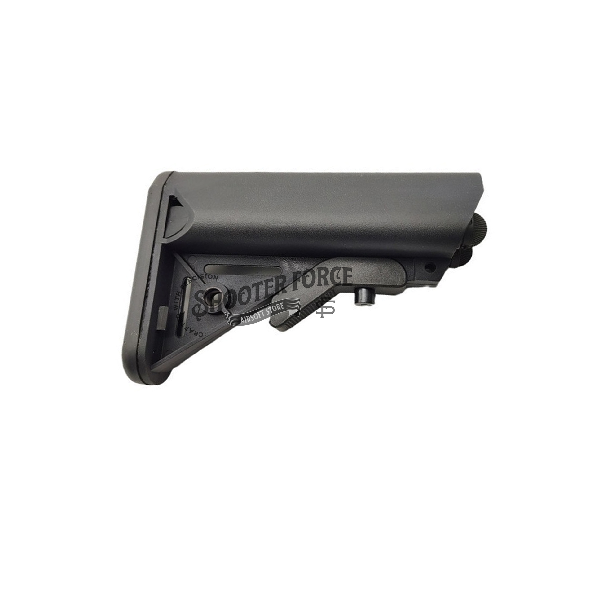 LMT Style M4 Crane Stock in black, featuring adjustable length and a durable design, providing enhanced stability and control for airsoft rifles.
