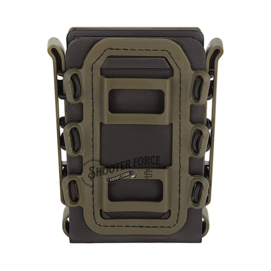 Quick Pull Tactical Scorpion Softshell Mag Pouch in black and tan with a MOLLE clip system, designed for fast and secure magazine storage and access in airsoft scenarios.