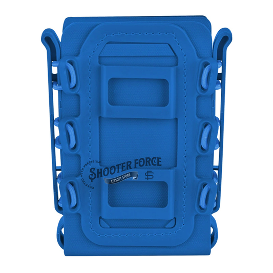 Quick Pull Tactical Scorpion Softshell Mag Pouch in blue with a MOLLE clip system, designed for fast, secure magazine access in airsoft gear configurations.