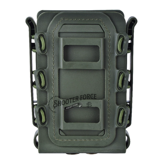 Quick Pull Tactical Scorpion Softshell Mag Pouch in green with a MOLLE clip system, designed for fast, secure magazine access in airsoft setups.