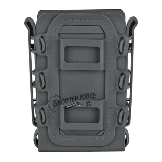 Quick Pull Tactical Scorpion Softshell Mag Pouch in grey with a MOLLE clip system, designed for quick and secure magazine storage and access in airsoft setups.