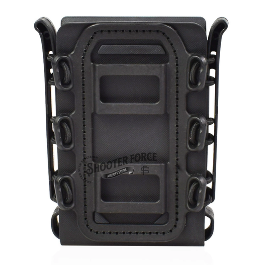 Quick Pull Tactical Scorpion Softshell Mag Pouch in black with a MOLLE clip system, providing fast and secure magazine access in airsoft setups.