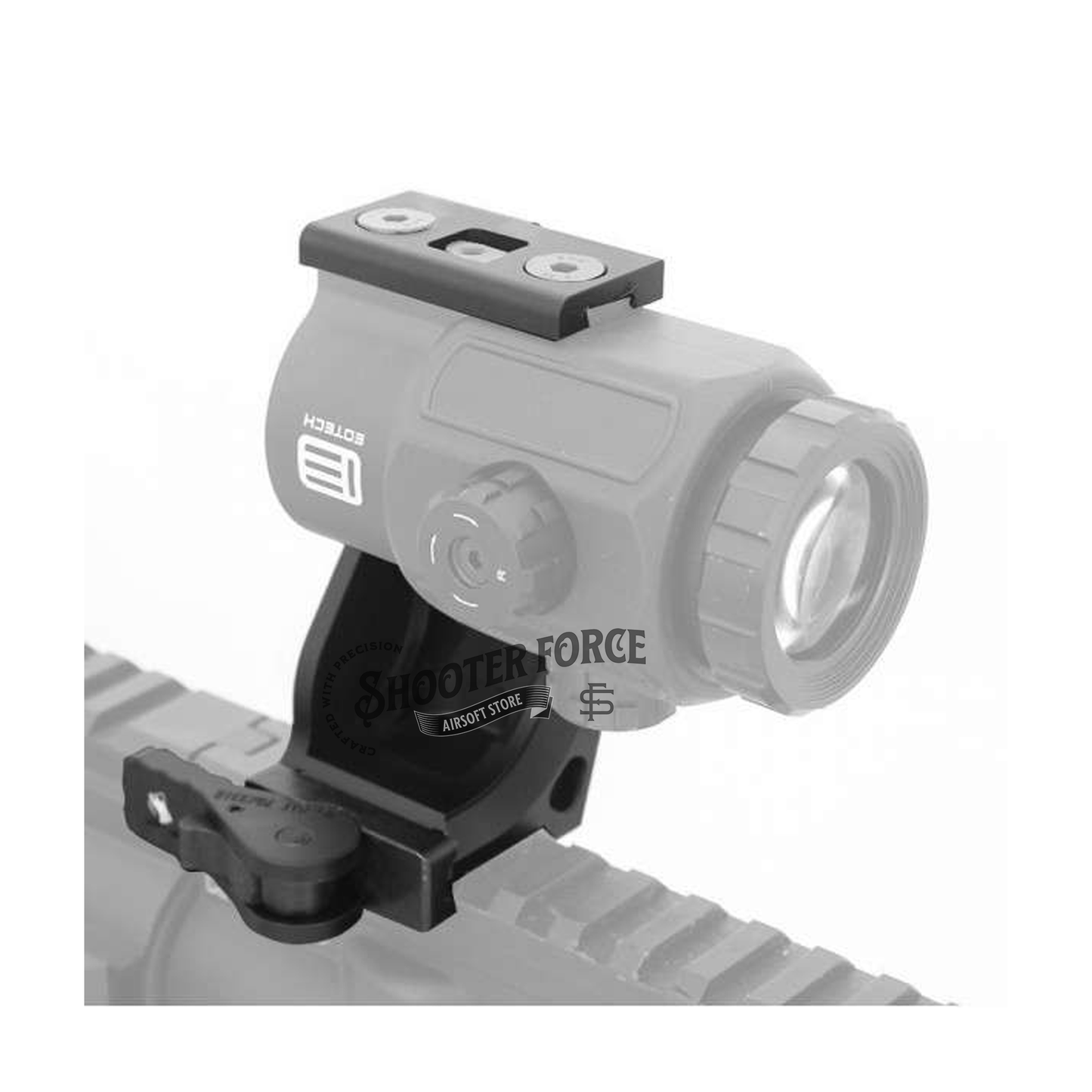 Black anodized flip-to-center scope mount for EOTech G43 magnifier replicas, designed for airsoft use. Close up scoped view.