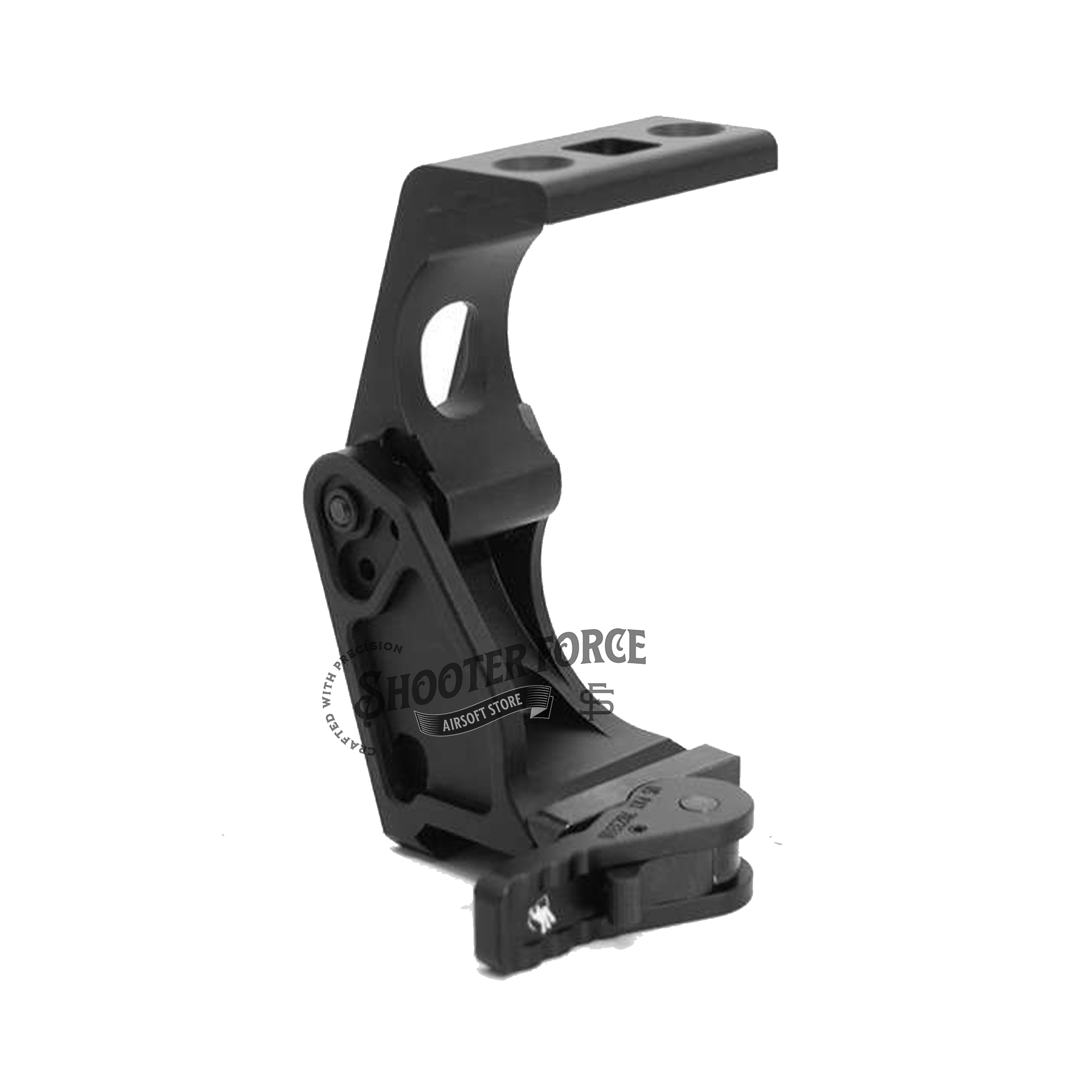 Black anodized flip-to-center scope mount for EOTech G43 magnifier replicas, designed for airsoft use.