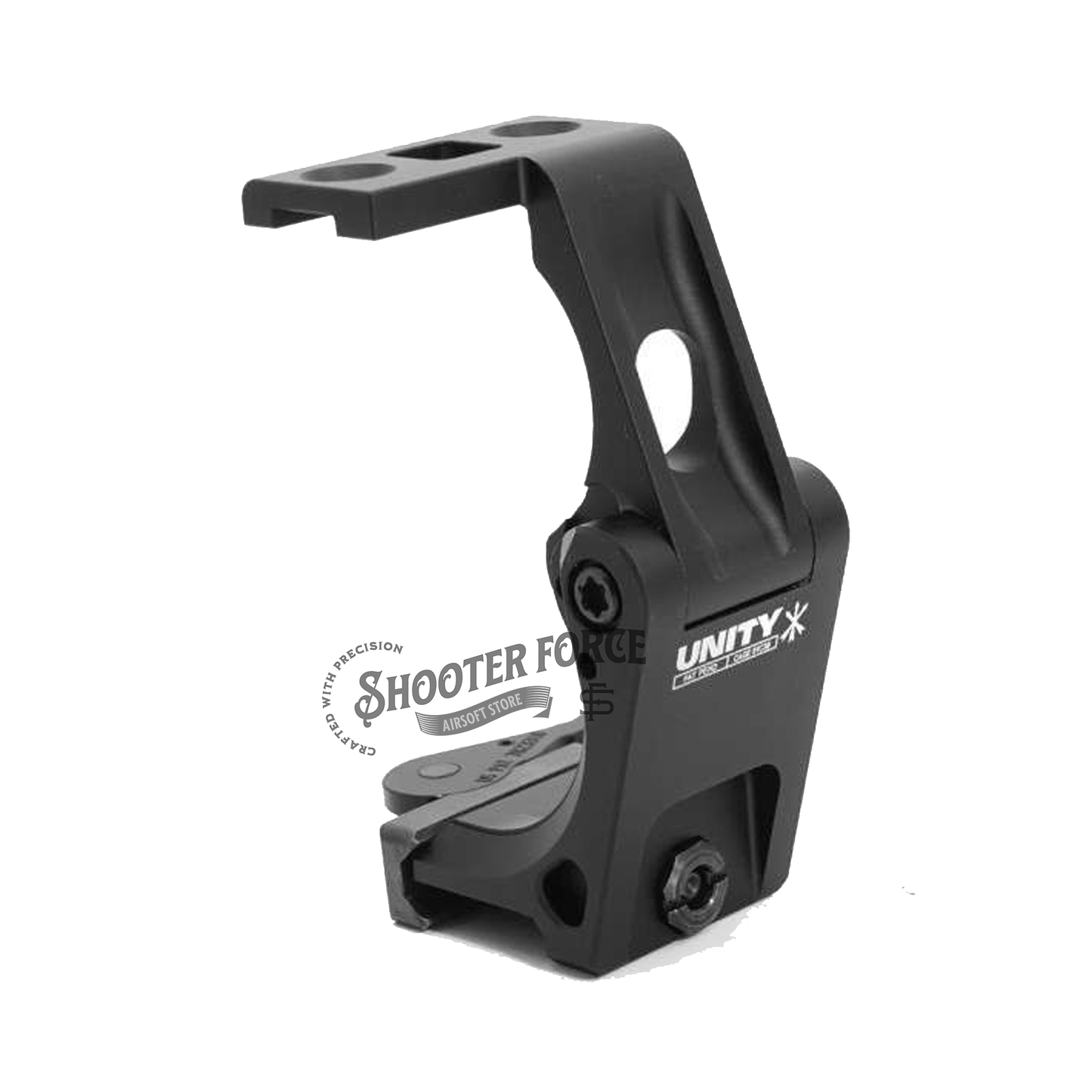 Black anodized flip-to-center scope mount for EOTech G43 magnifier replicas, designed for airsoft use. Side View