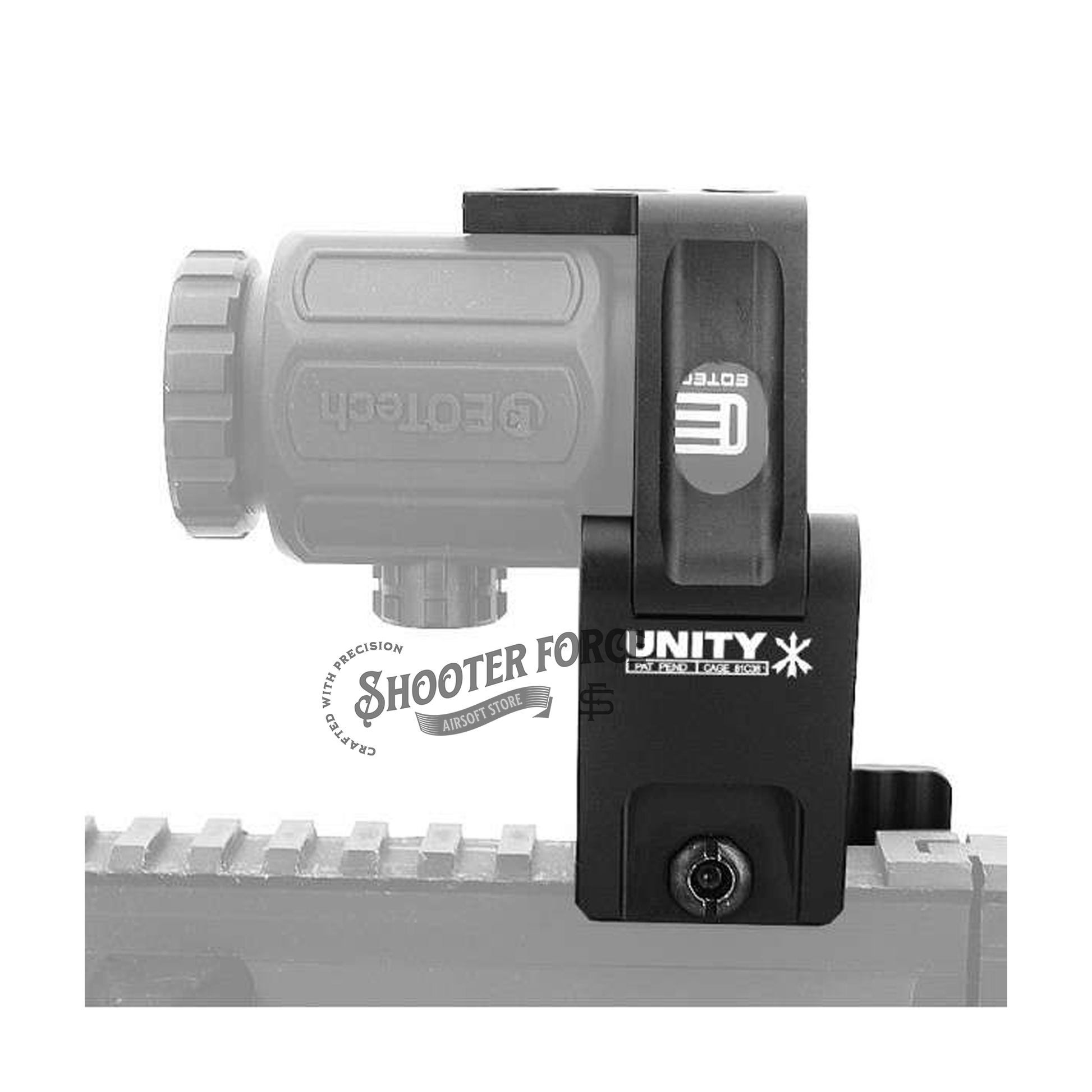 Black anodized flip-to-center scope mount for EOTech G43 magnifier replicas, designed for airsoft use. Horizontal scoped view