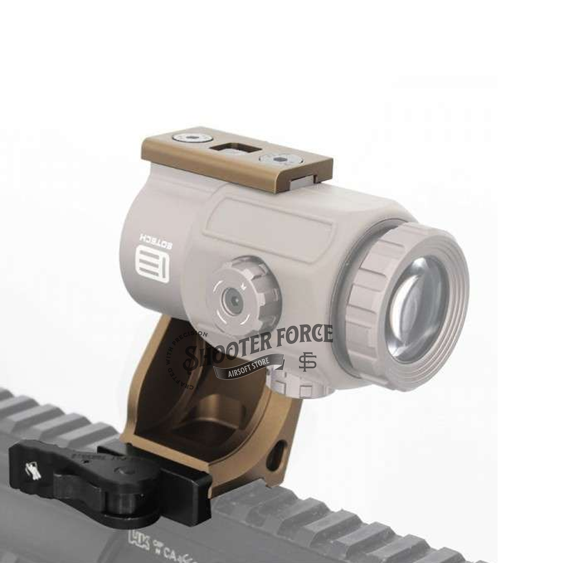 SOTAC FAST FTC G43/G45 Magnifier Scope Mount in FDE, providing quick attachment and flip-to-center functionality for enhanced versatility in airsoft optics.