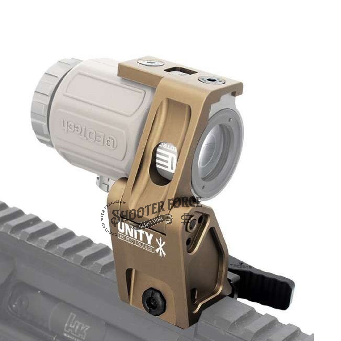 SOTAC FAST FTC G43/G45 Magnifier Scope Mount in FDE, providing quick attachment and flip-to-center functionality for enhanced versatility in airsoft optics.