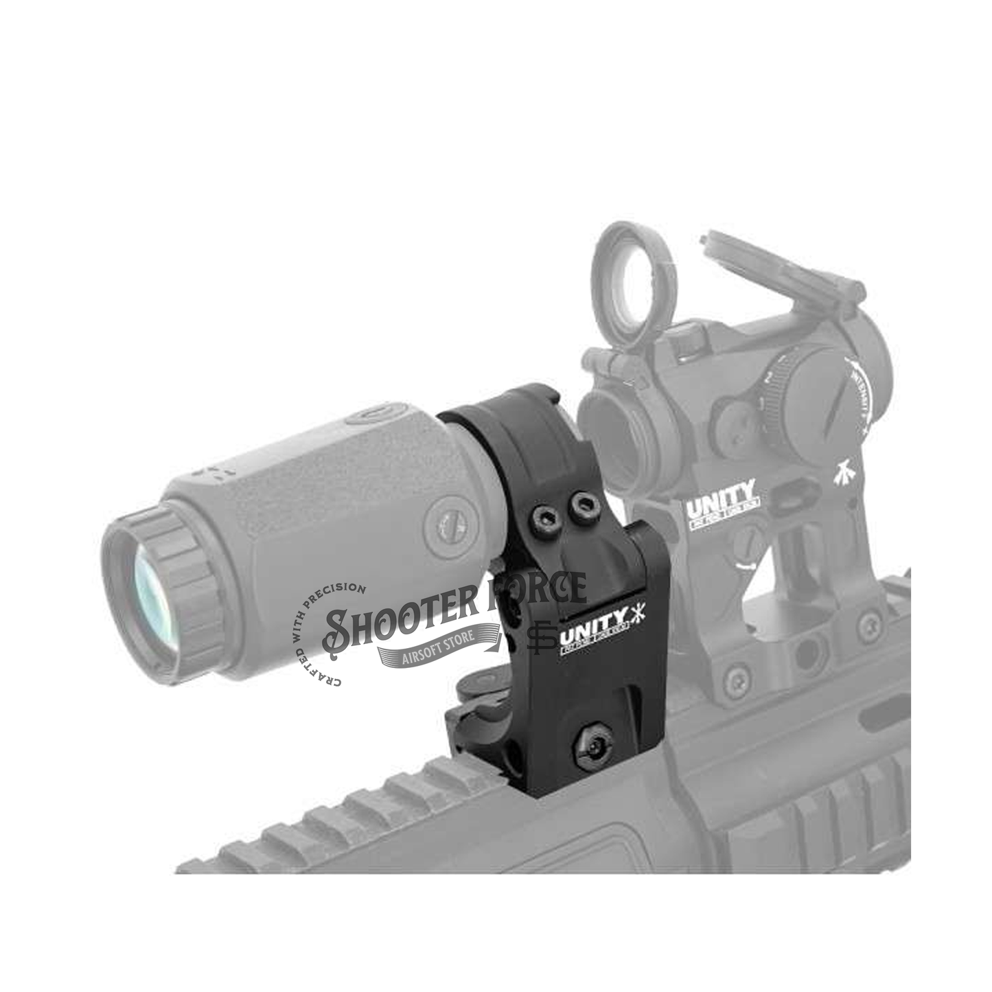 SOTAC FAST Flip-to-Center FTC 2.26" Magnifier Mount in black with quick-detach lever, designed for 3X-C, 3XMAG-1, and 30mm tube magnifiers, offering seamless transition and secure mounting.