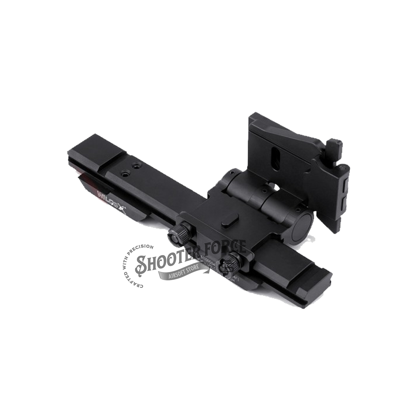SOTAC Flip Mount with Riser System for EOTECH G33/G43 +558 in Black, perfect for airsoft enthusiasts to enhance sight alignment and target acquisition during gameplay.