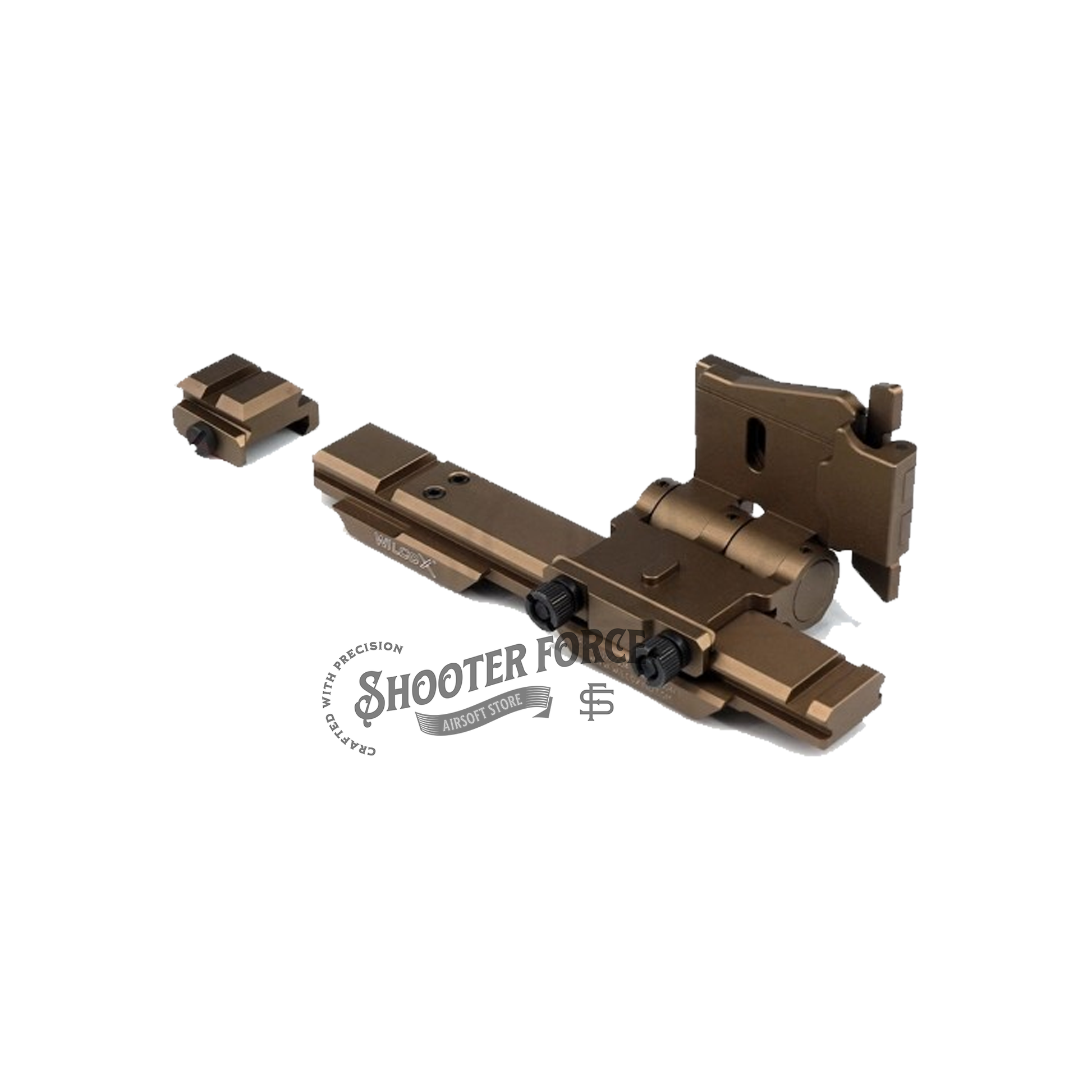 SOTAC Flip Mount with Riser System for EOTECH G33/G43 +558 in DE color, designed for airsoft players to enhance sight alignment and quick target acquisition.