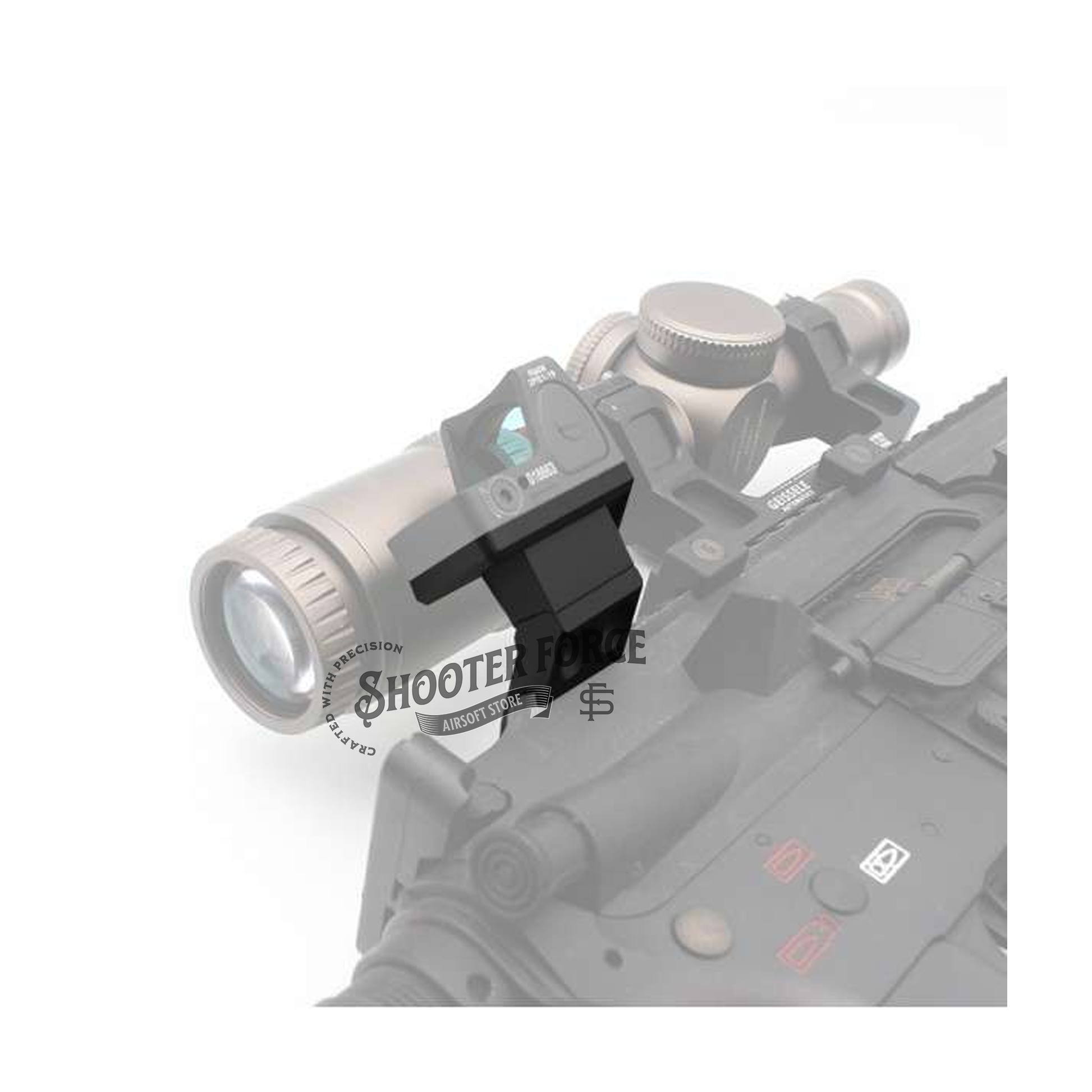 SOTAC Offset Optic Mount in Black, designed for secure and stable offset mounting of optics on airsoft rifles, offering flexibility and improved targeting accuracy.