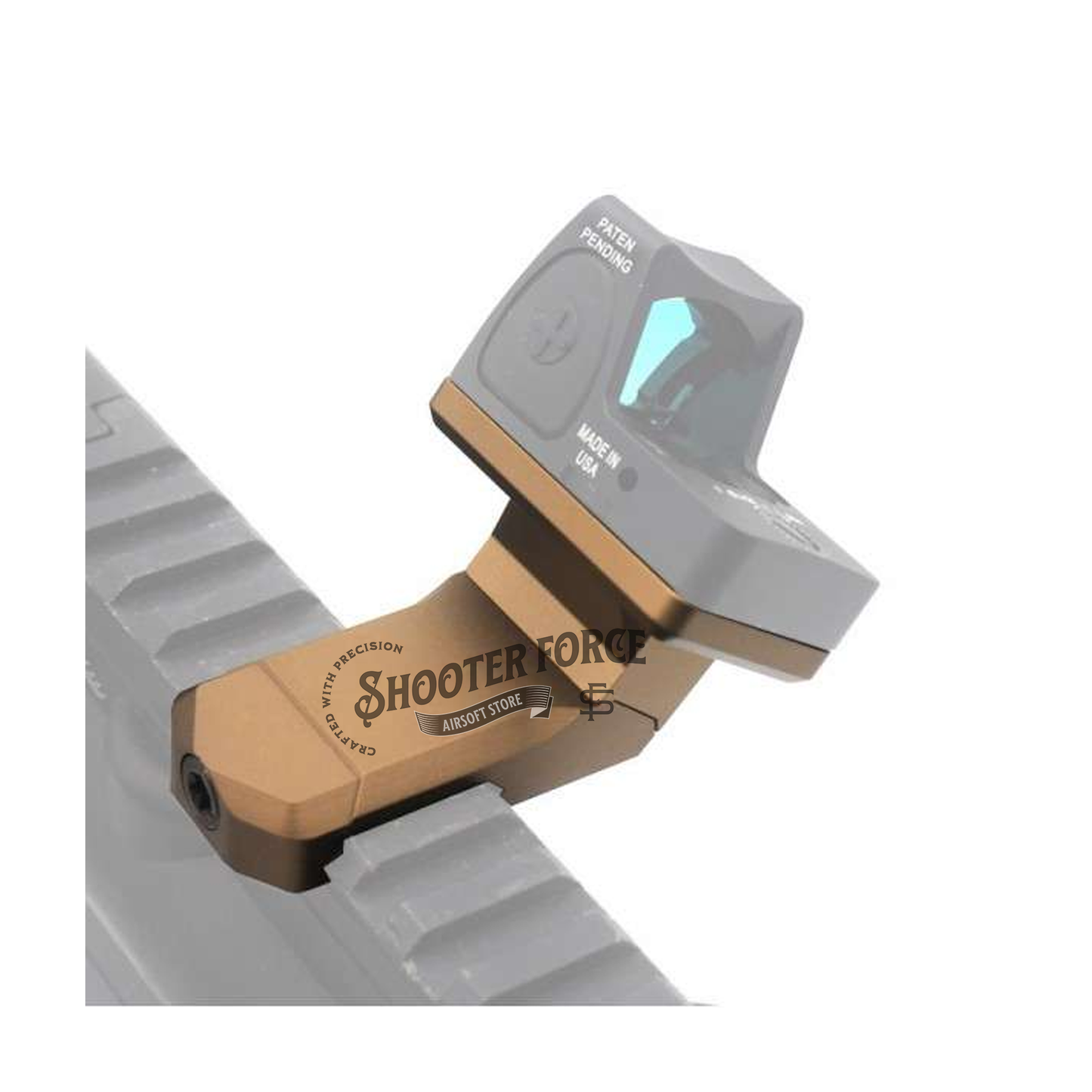 SOTAC Offset Optic Mount in FDE, designed for secure mounting of optics at an offset angle on airsoft rifles, offering flexibility and stability for tactical gameplay.