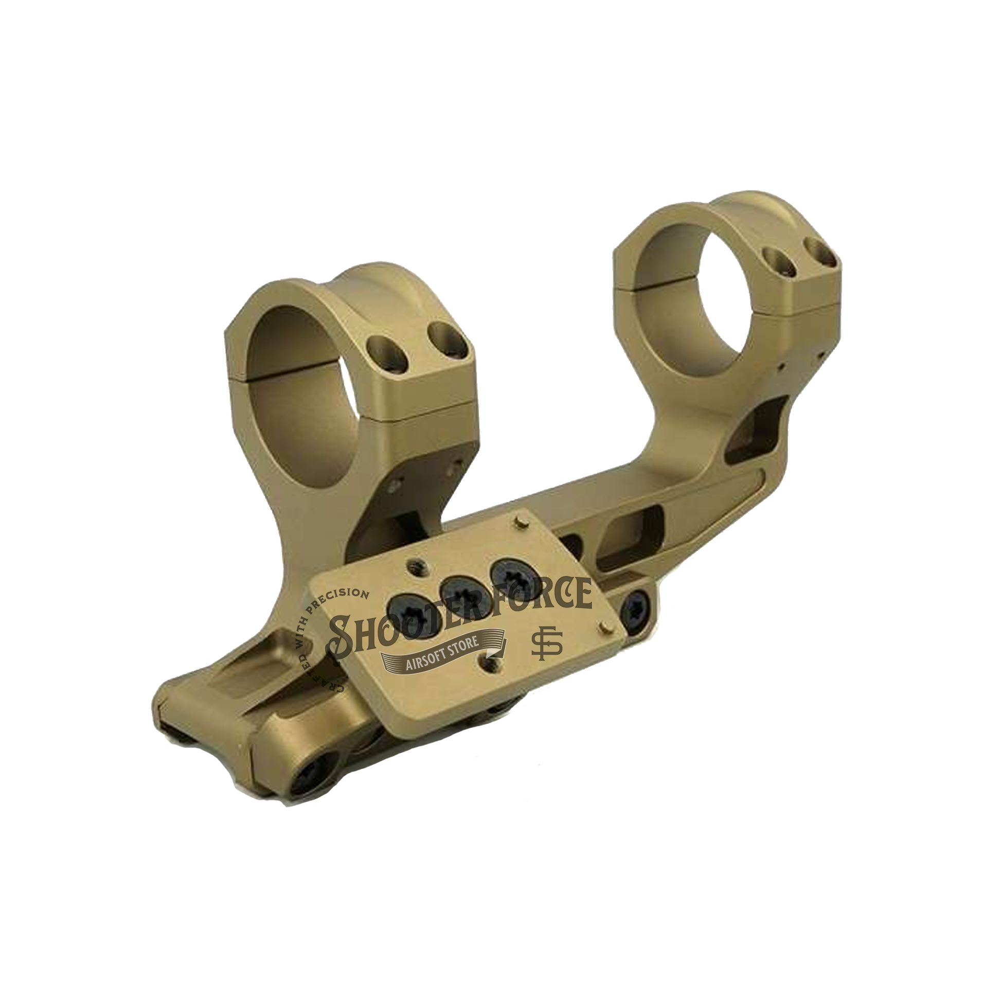 SOTAC Tactical Fast LPVO Scope Mount in FDE with a 2.05" height, 30mm tube, and offset optic adapter plate for T2 and RMR red dot sights, providing a reliable and flexible mounting option for airsoft optics.