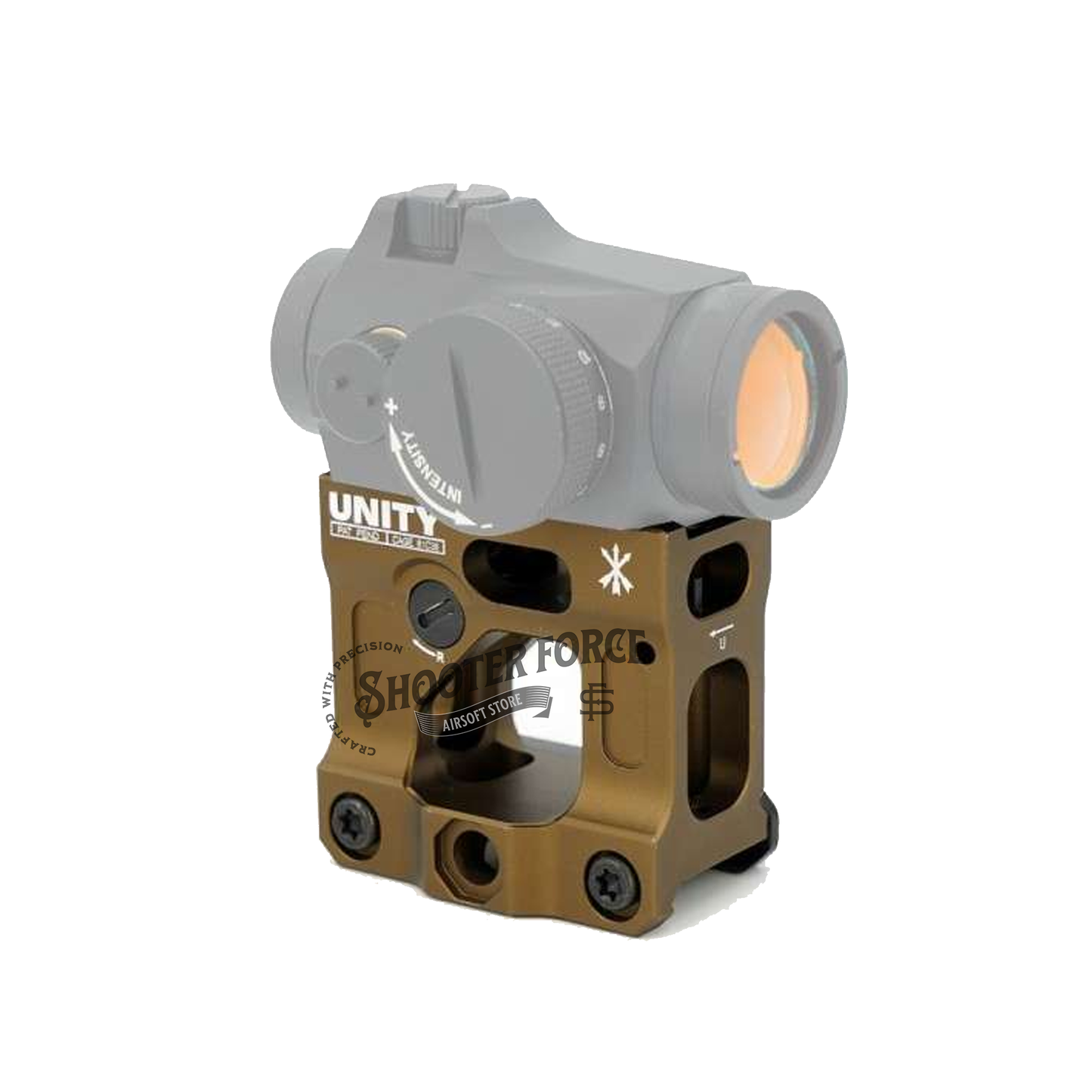 SOTAC Tactical Fast LPVO Scope Mount in FDE with a 2.05" height, 30mm tube, and offset optic adapter plate for T2 and RMR red dot sights, providing a reliable and flexible mounting option for airsoft optics.