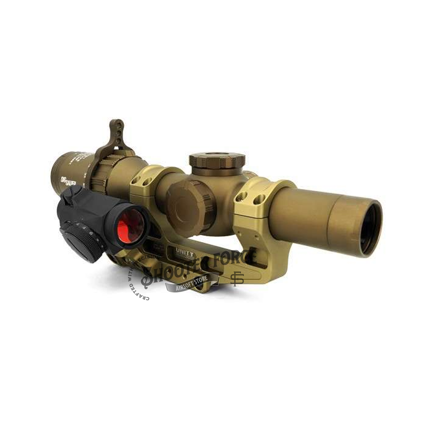 SOTAC Tactical Fast LPVO Scope Mount in FDE with a 2.05" height, 30mm tube, and offset optic adapter plate for T2 and RMR red dot sights, providing a reliable and flexible mounting option for airsoft optics.