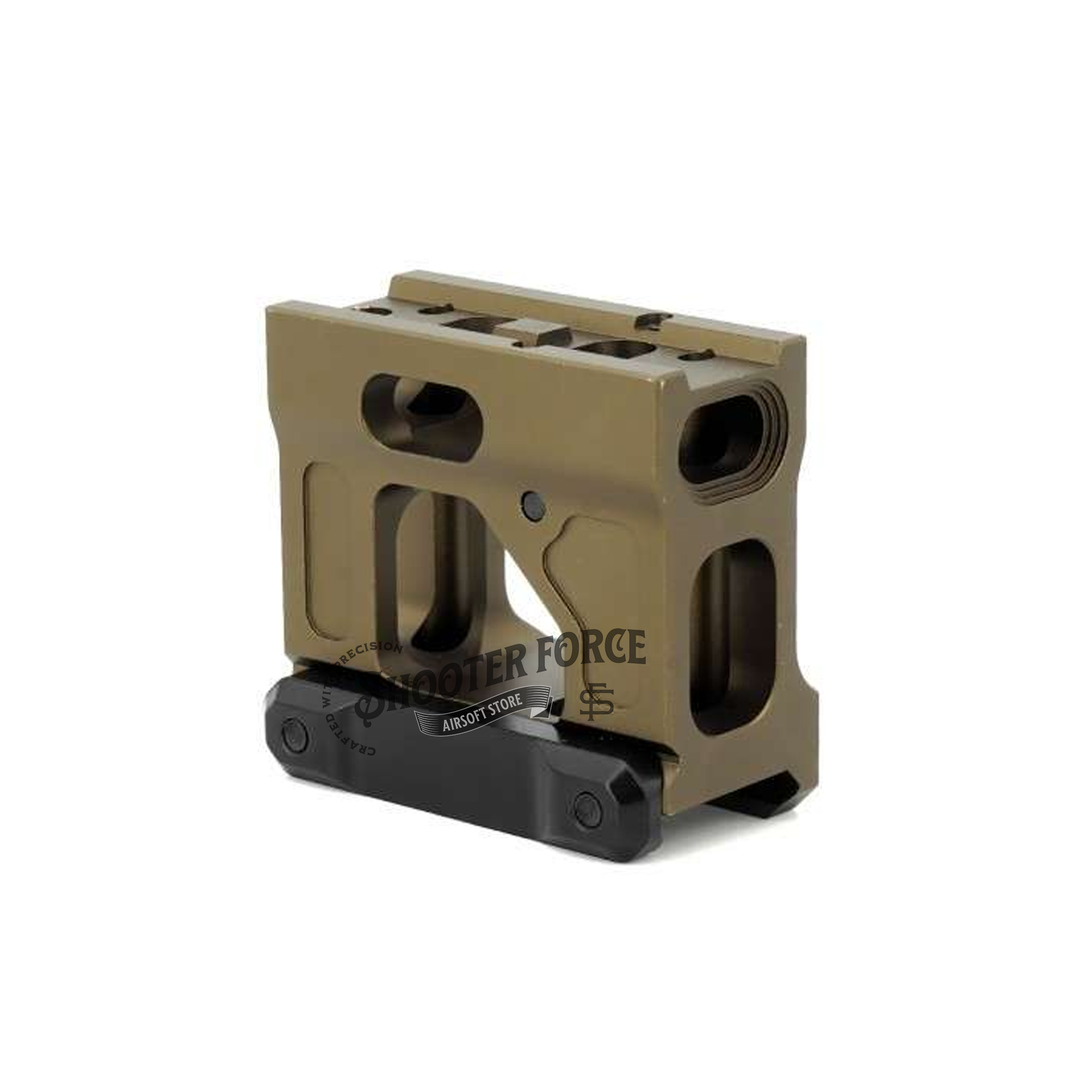 SOTAC Tactical Fast LPVO Scope Mount in FDE with a 2.05" height, 30mm tube, and offset optic adapter plate for T2 and RMR red dot sights, providing a reliable and flexible mounting option for airsoft optics.