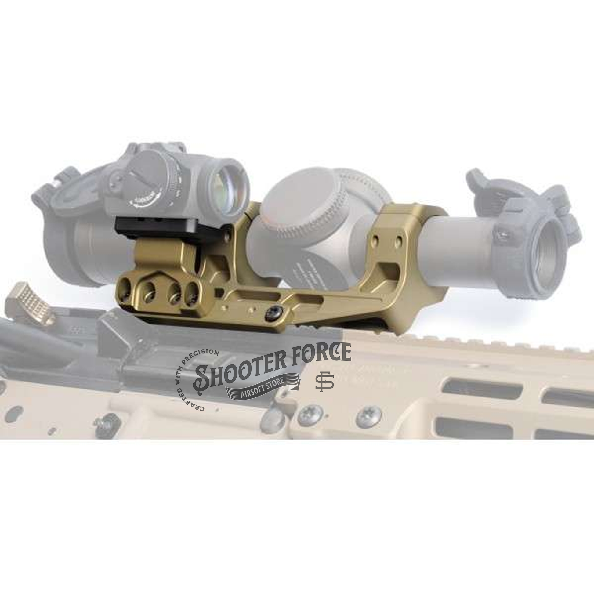 SOTAC Tactical Fast LPVO Scope Mount in FDE with a 2.05" height, 30mm tube, and offset optic adapter plate for T2 and RMR red dot sights, providing a reliable and flexible mounting option for airsoft optics.