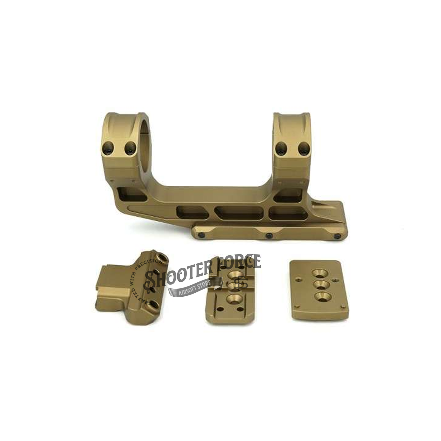 SOTAC Tactical Fast LPVO Scope Mount in FDE with a 2.05" height, 30mm tube, and offset optic adapter plate for T2 and RMR red dot sights, providing a reliable and flexible mounting option for airsoft optics.