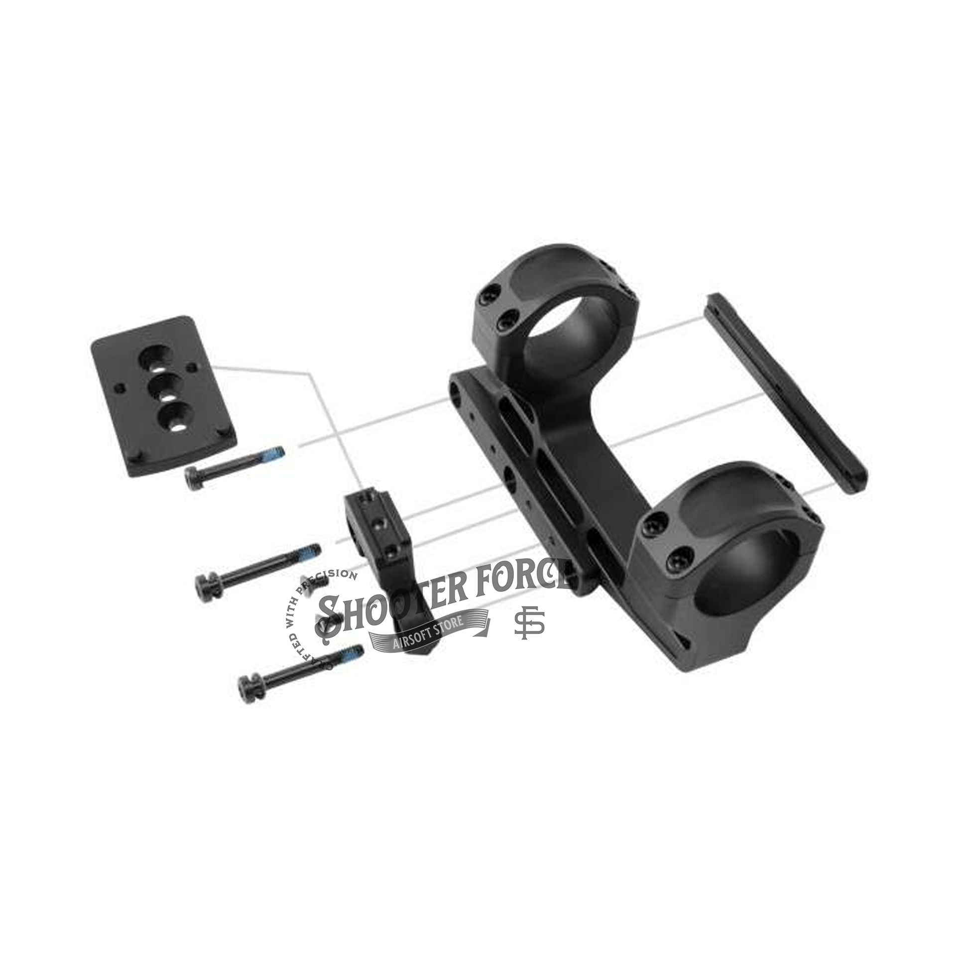 SOTAC Tactical Fast LPVO Scope Mount in black with a 2.05" height, 30mm tube, and offset optic adapter plate for T2 and RMR red dot sights, offering a stable and flexible mounting solution for airsoft optics.