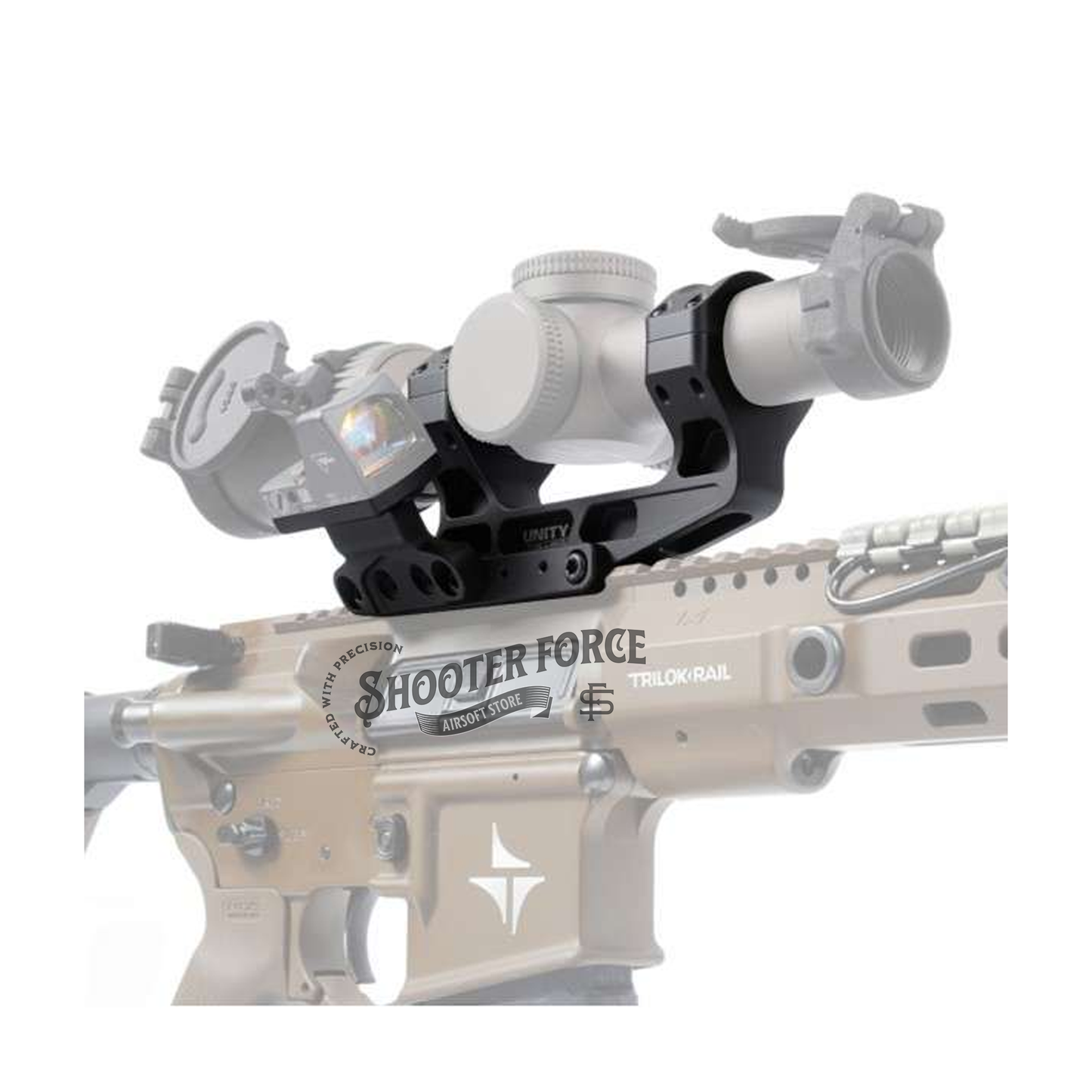 SOTAC Tactical Fast LPVO Scope Mount in black with a 2.05" height, 30mm tube, and offset optic adapter plate for T2 and RMR red dot sights, offering a stable and flexible mounting solution for airsoft optics.