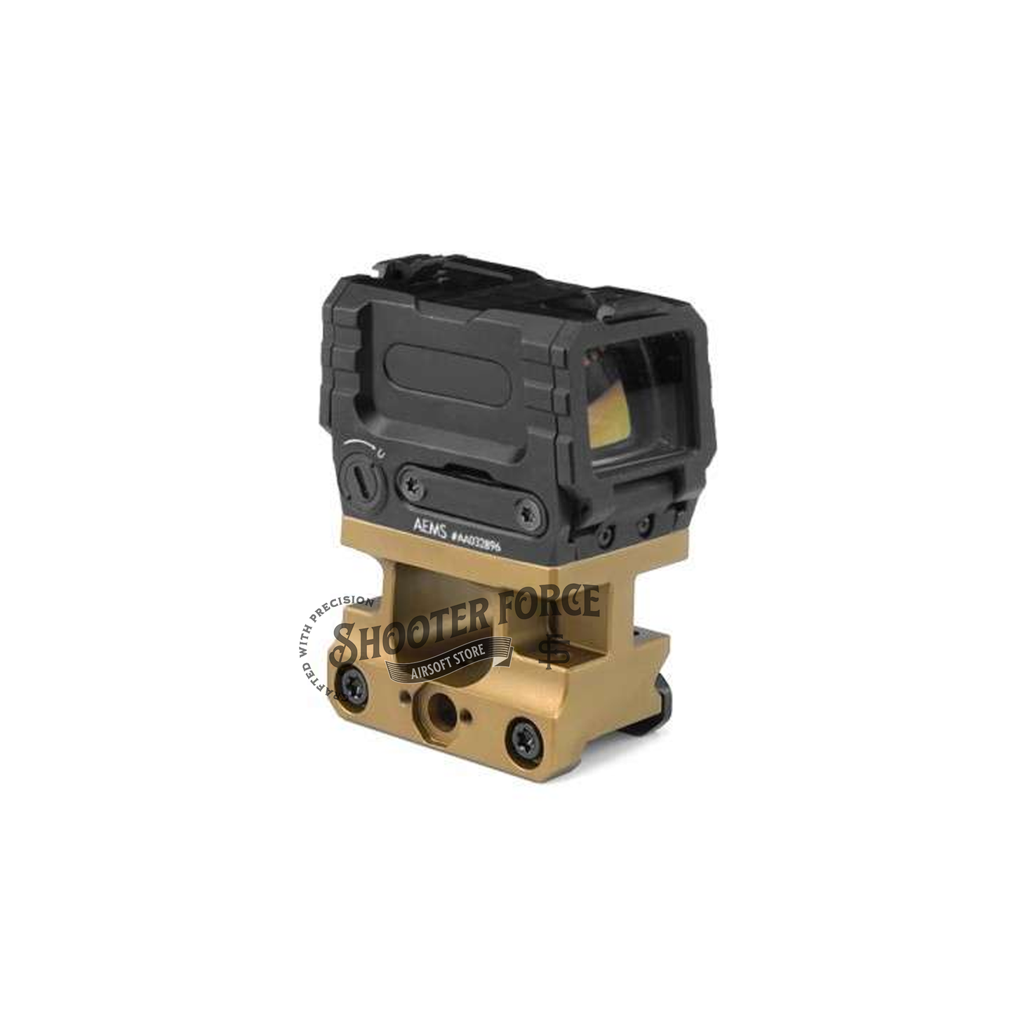 SOTAC UNITY FAST AEMS Mount in FDE color designed for AEMS optics, offering a stable, elevated sight picture ideal for airsoft use.