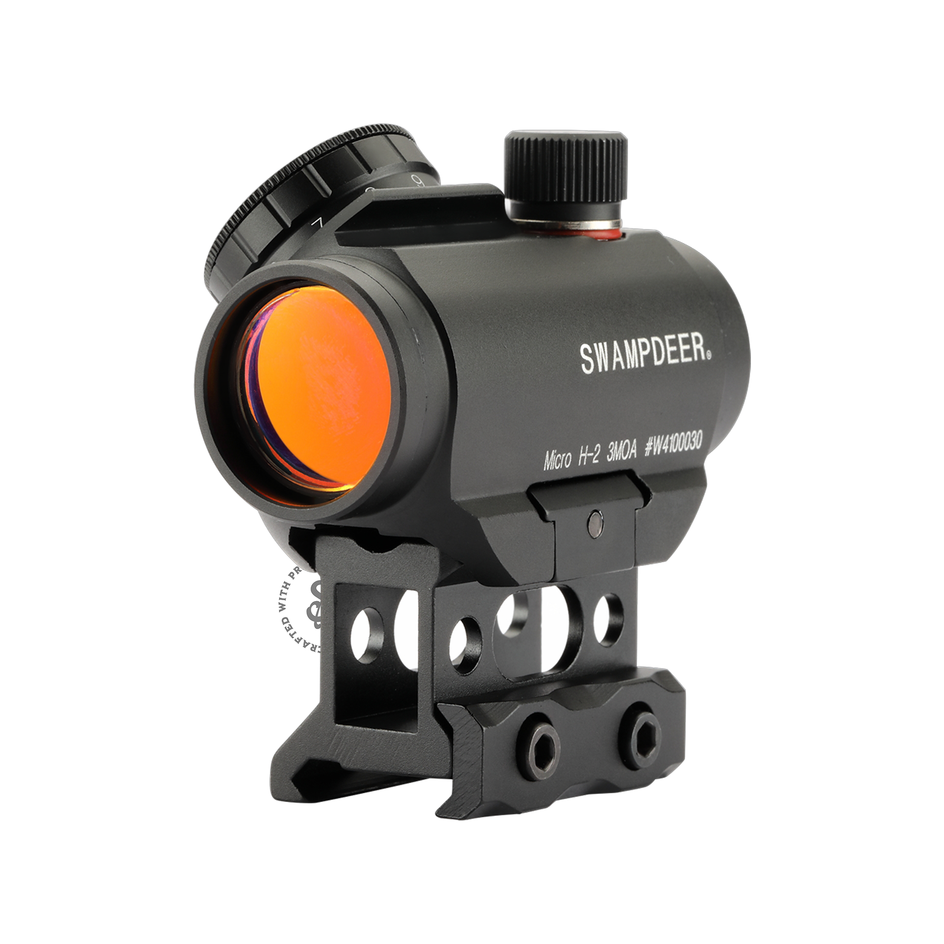 SwampDeer H2 Red Dot Sight featuring a compact design, matte black finish, and precision optics, suitable for tactical and airsoft applications, mounted on a rifle for enhanced accuracy