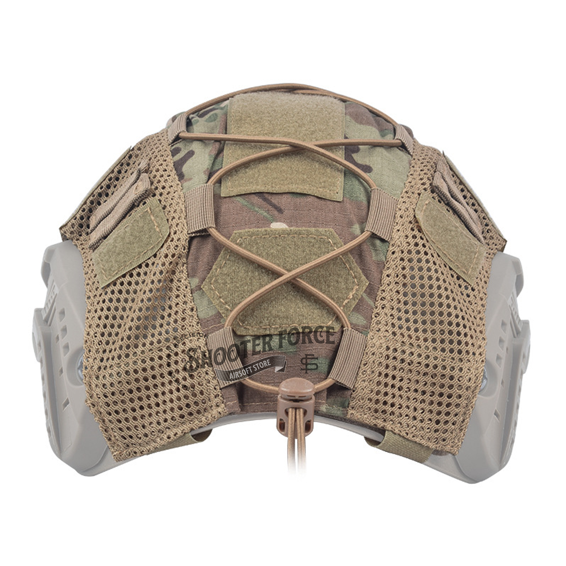 One-size tactical helmet cover in a FDE camouflage pattern, constructed with high-quality 500D Nylon for durability, shown without a helmet. FDE Camo-patterned 500D Nylon helmet cover for FAST helmets, designed for outdoor and tactical applications. Back View