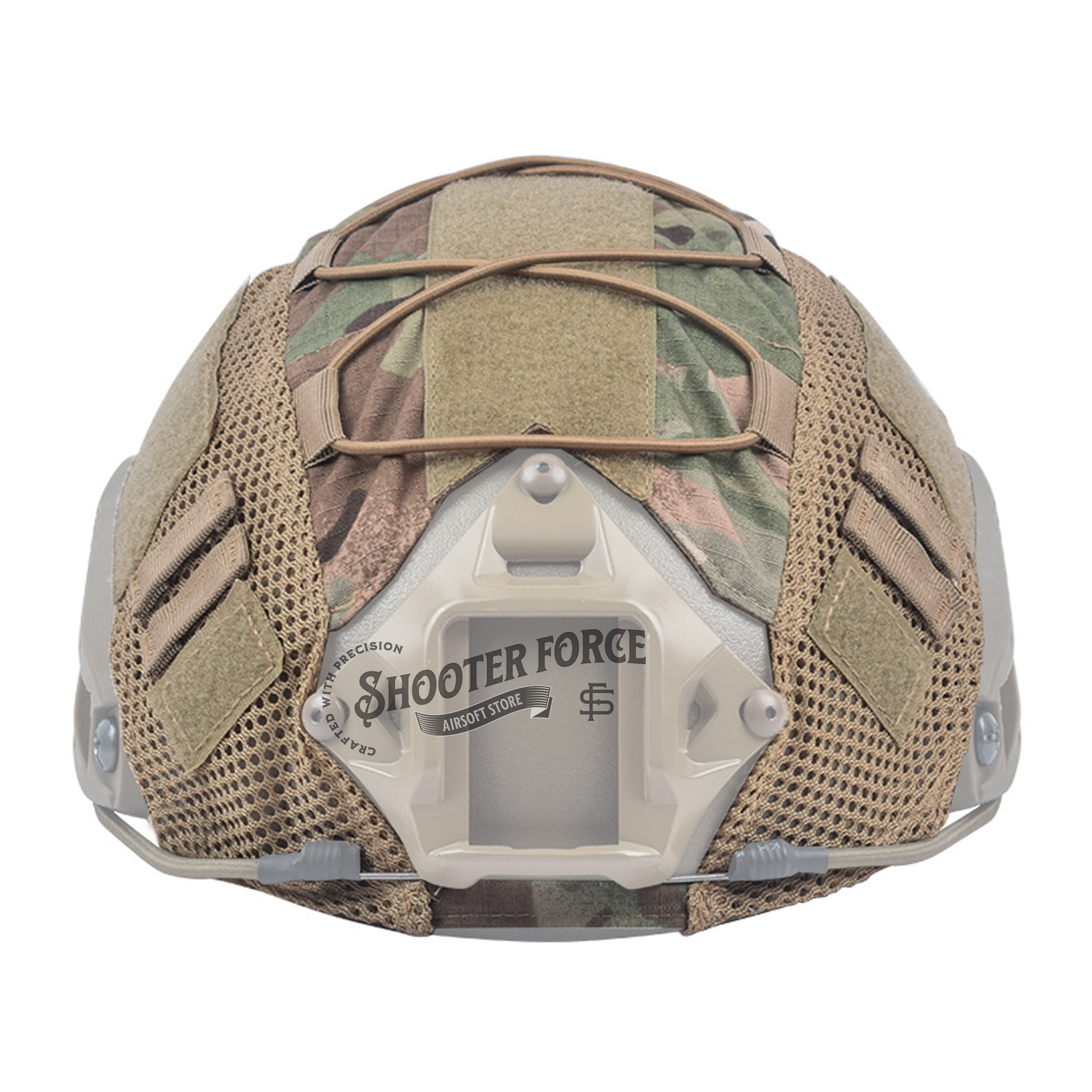 One-size tactical helmet cover in a FDE camouflage pattern, constructed with high-quality 500D Nylon for durability, shown without a helmet. FDE Camo-patterned 500D Nylon helmet cover for FAST helmets, designed for outdoor and tactical applications. Front View