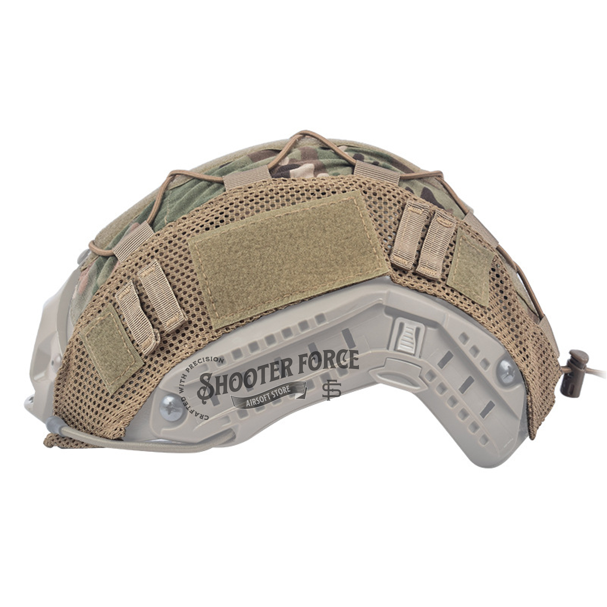 One-size tactical helmet cover in a FDE camouflage pattern, constructed with high-quality 500D Nylon for durability, shown without a helmet. FDE Camo-patterned 500D Nylon helmet cover for FAST helmets, designed for outdoor and tactical applications. Right Side View