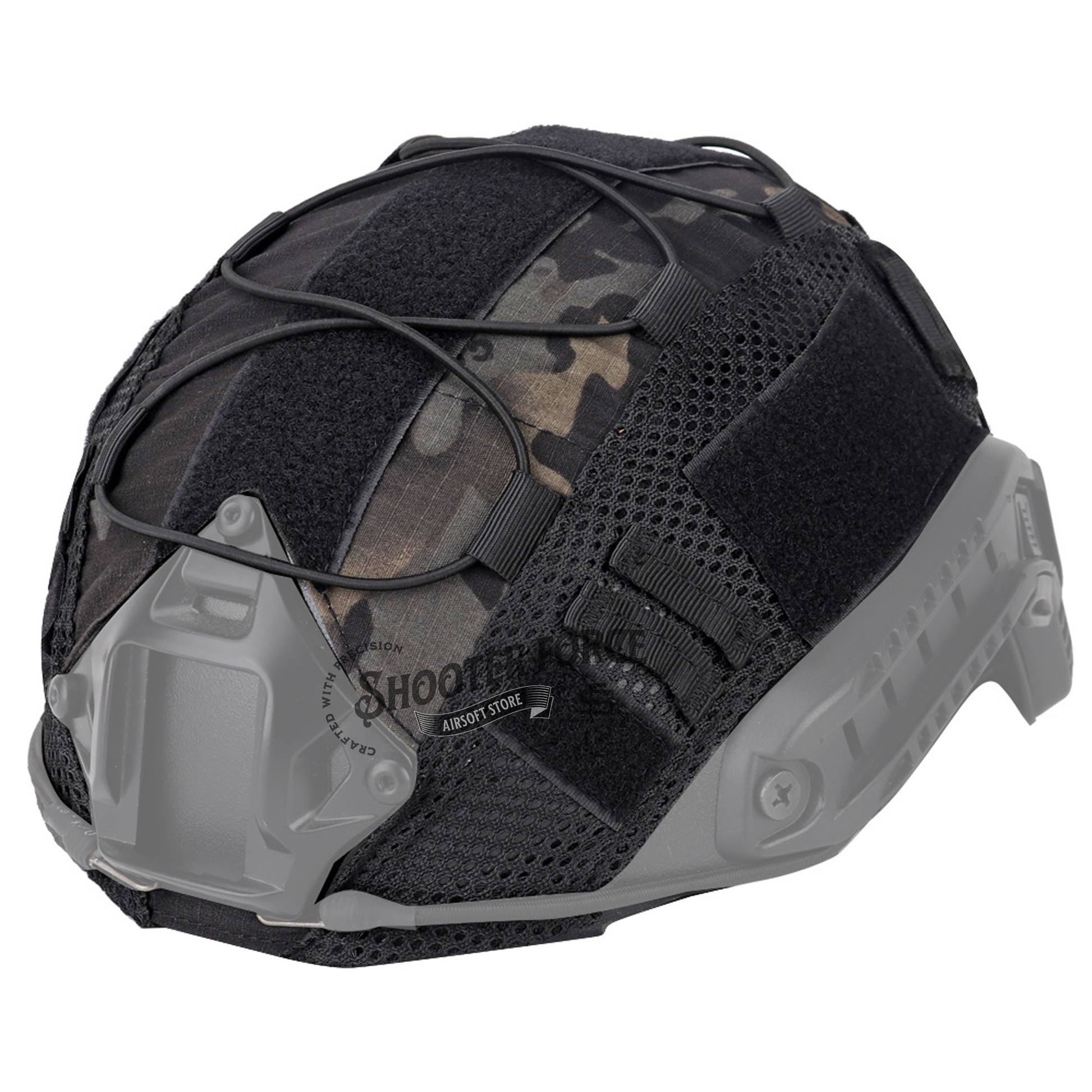 One-size tactical helmet cover in a Black camouflage pattern, constructed with high-quality 500D Nylon for durability, shown without a helmet. Black Camo-patterned 500D Nylon helmet cover for FAST helmets, designed for outdoor and tactical applications. Side View