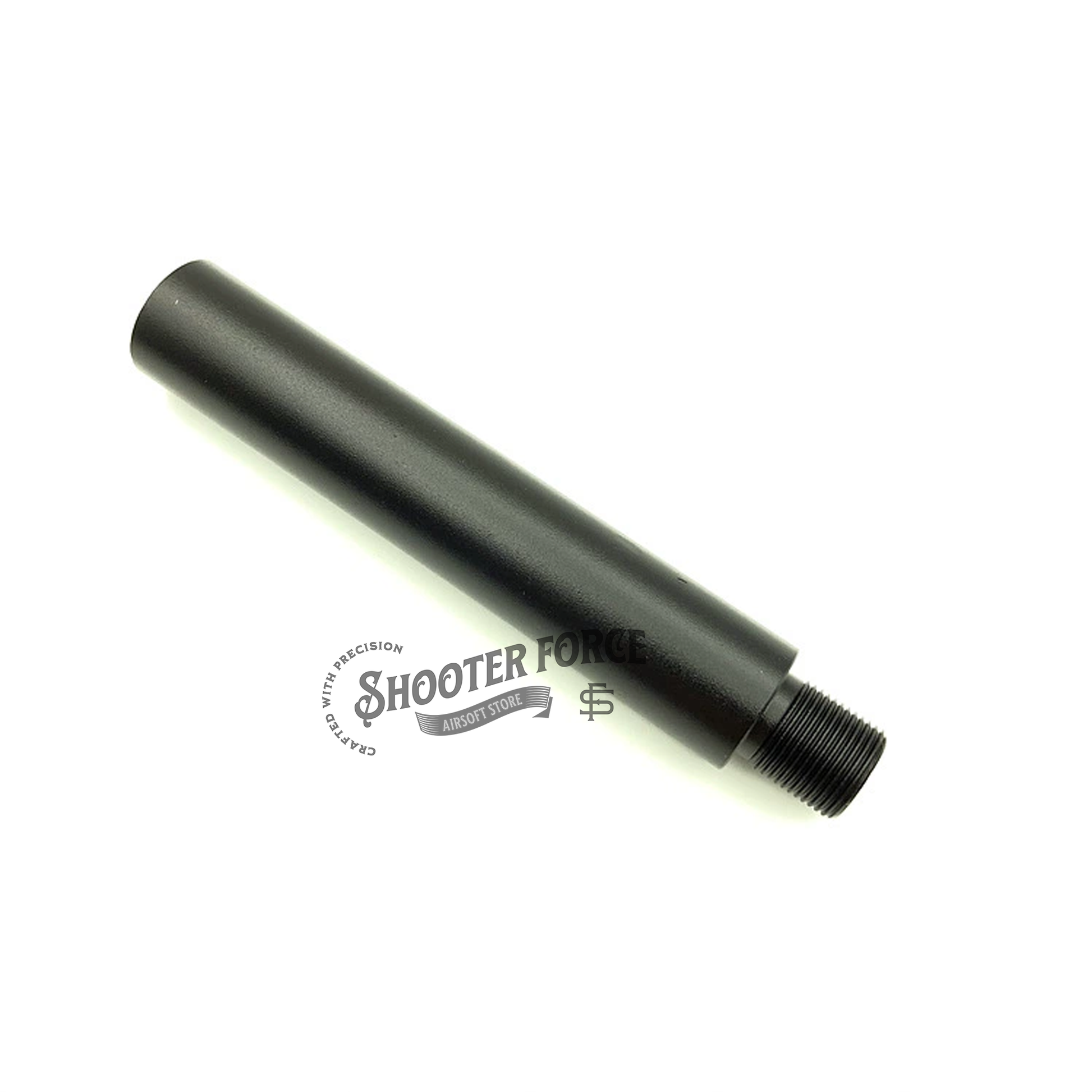 11.5cm extension outer barrel in black, featuring a 14mm CCW to 14mm CW thread adapter, ideal for airsoft rifles to enhance compatibility and performance.