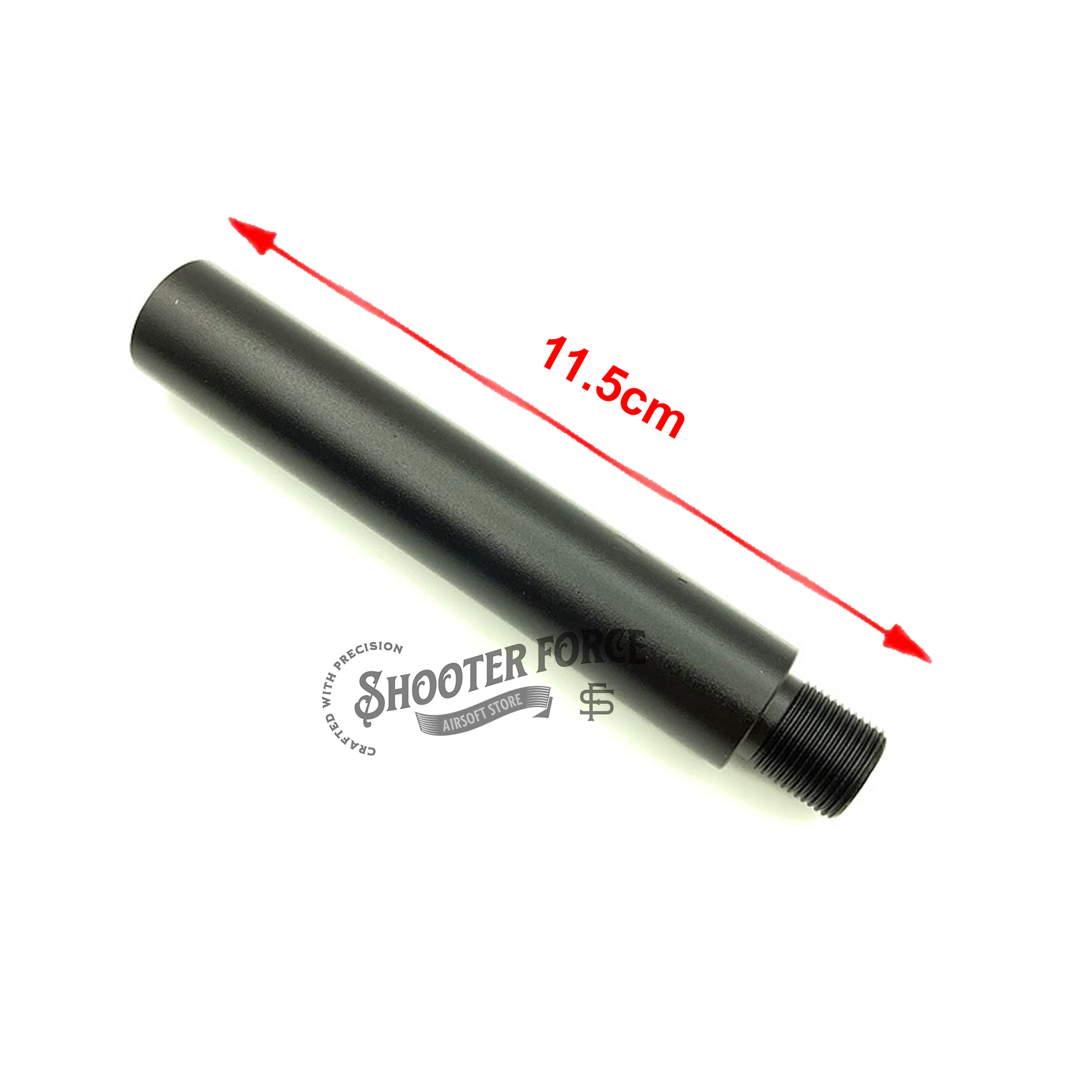 11.5cm extension outer barrel in black, featuring a 14mm CCW to 14mm CW thread adapter, ideal for airsoft rifles to enhance compatibility and performance.