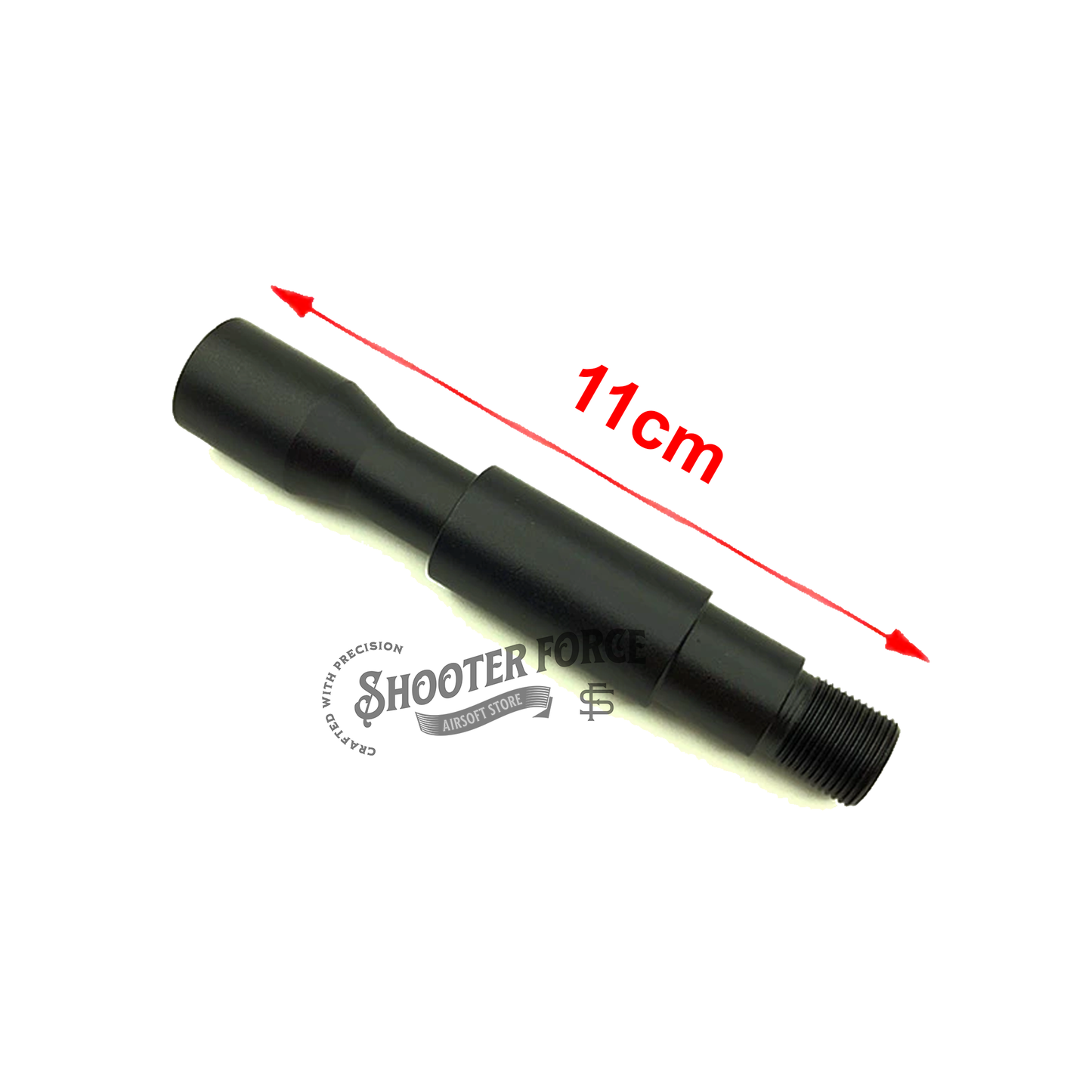 Infographic showcasing the 11cm concavo-convex outer barrel with a clear 14mm CCW to 14mm CW thread adapter compatibility, emphasizing its length for airsoft rifle setups.