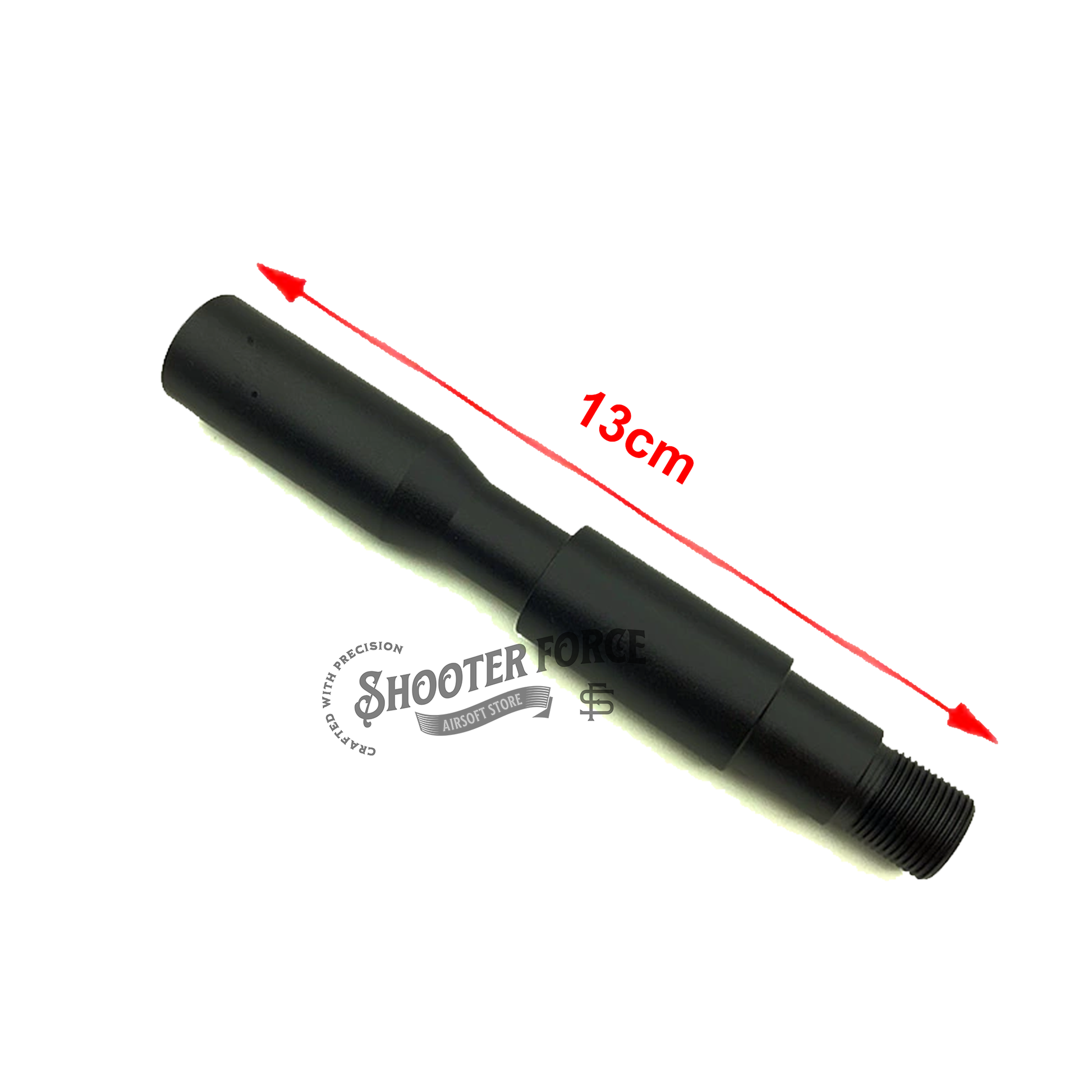 13cm concavo-convex outer barrel with 14mm CCW to 14mm CW thread adapter, designed for airsoft rifles, providing enhanced compatibility and precision for muzzle attachments.