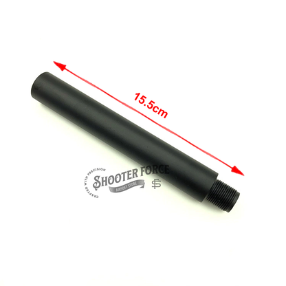 15.5cm extension outer barrel in black, featuring a 14mm CCW to 14mm CW thread adapter, designed to enhance airsoft rifle performance and compatibility with muzzle attachments.