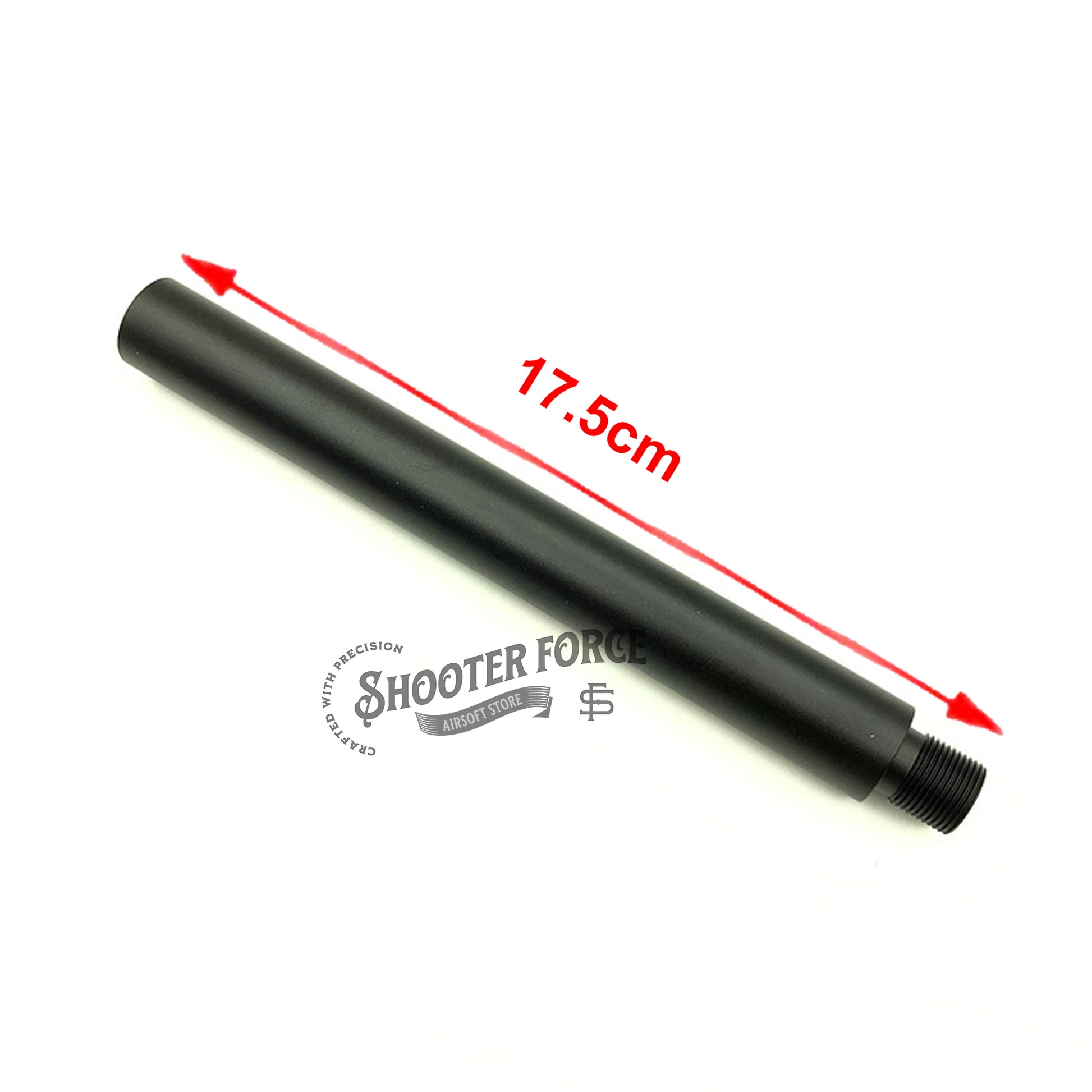17.5cm black extension outer barrel with 14mm CCW to 14mm CW thread adapter, designed to increase airsoft rifle performance and compatibility with various muzzle accessories.