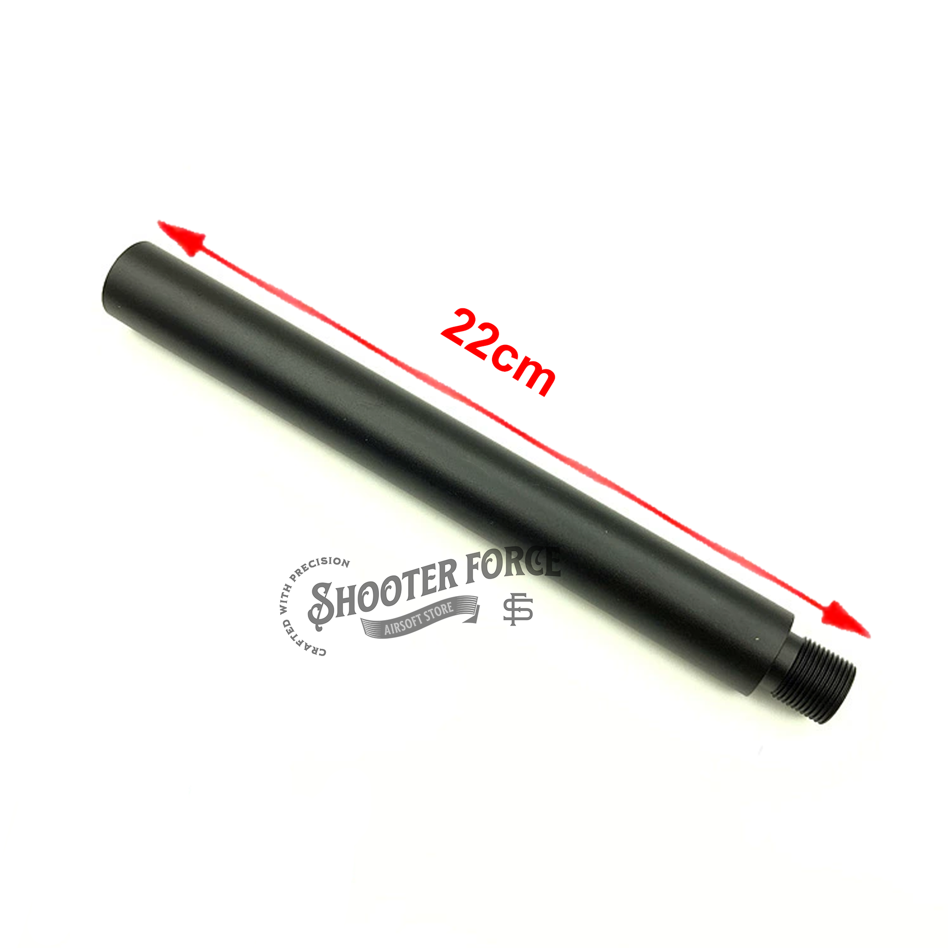 23.5cm black extension outer barrel with 14mm CCW to 14mm CW thread adapter, designed to upgrade airsoft rifles and improve compatibility with various muzzle accessories for enhanced performance.