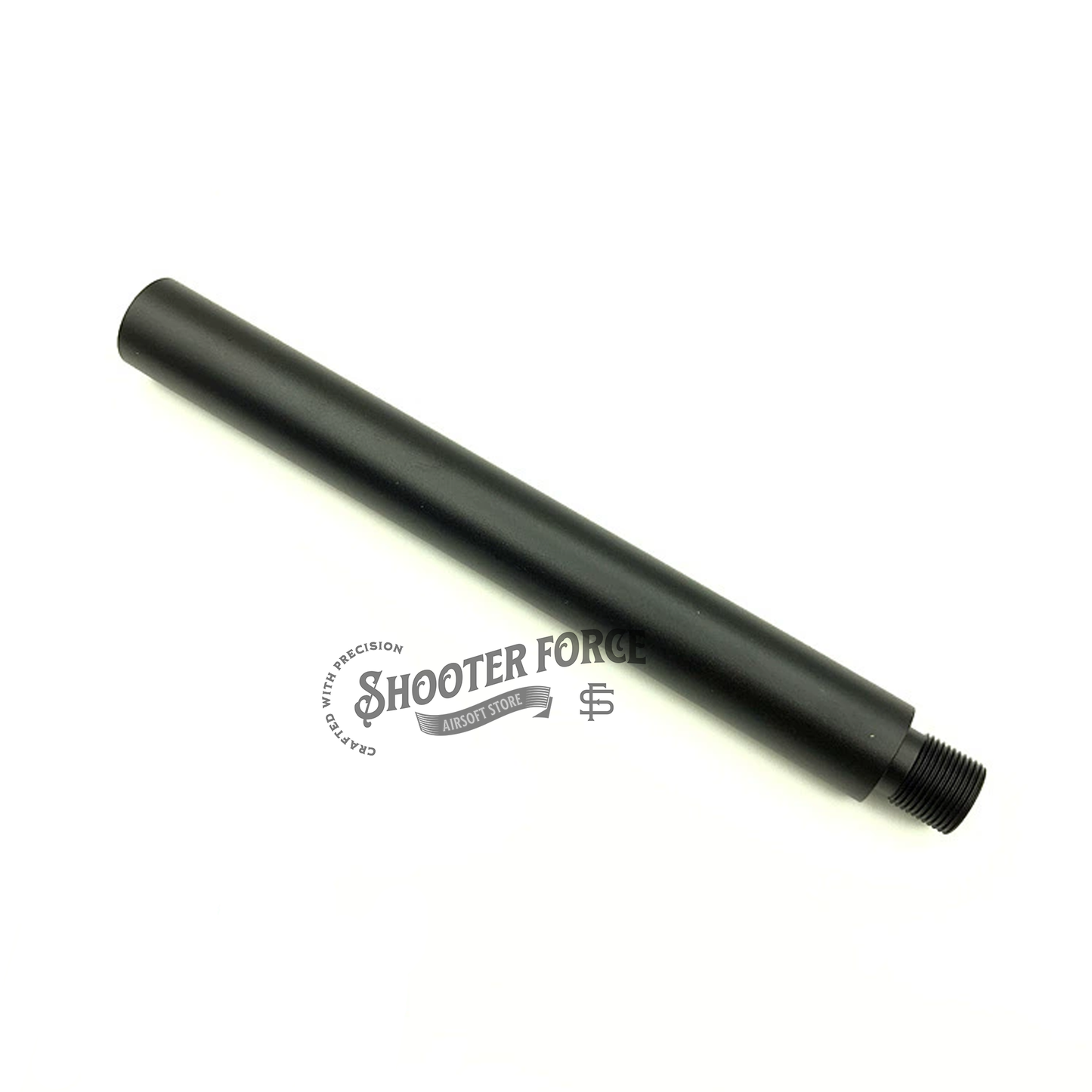 23.5cm black extension outer barrel with 14mm CCW to 14mm CW thread adapter, designed to upgrade airsoft rifles and improve compatibility with various muzzle accessories for enhanced performance.