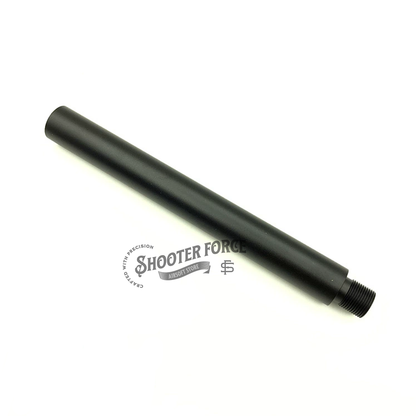 23.5cm black extension outer barrel with 14mm CCW to 14mm CW thread adapter, designed to upgrade airsoft rifles and improve compatibility with various muzzle accessories for enhanced performance.